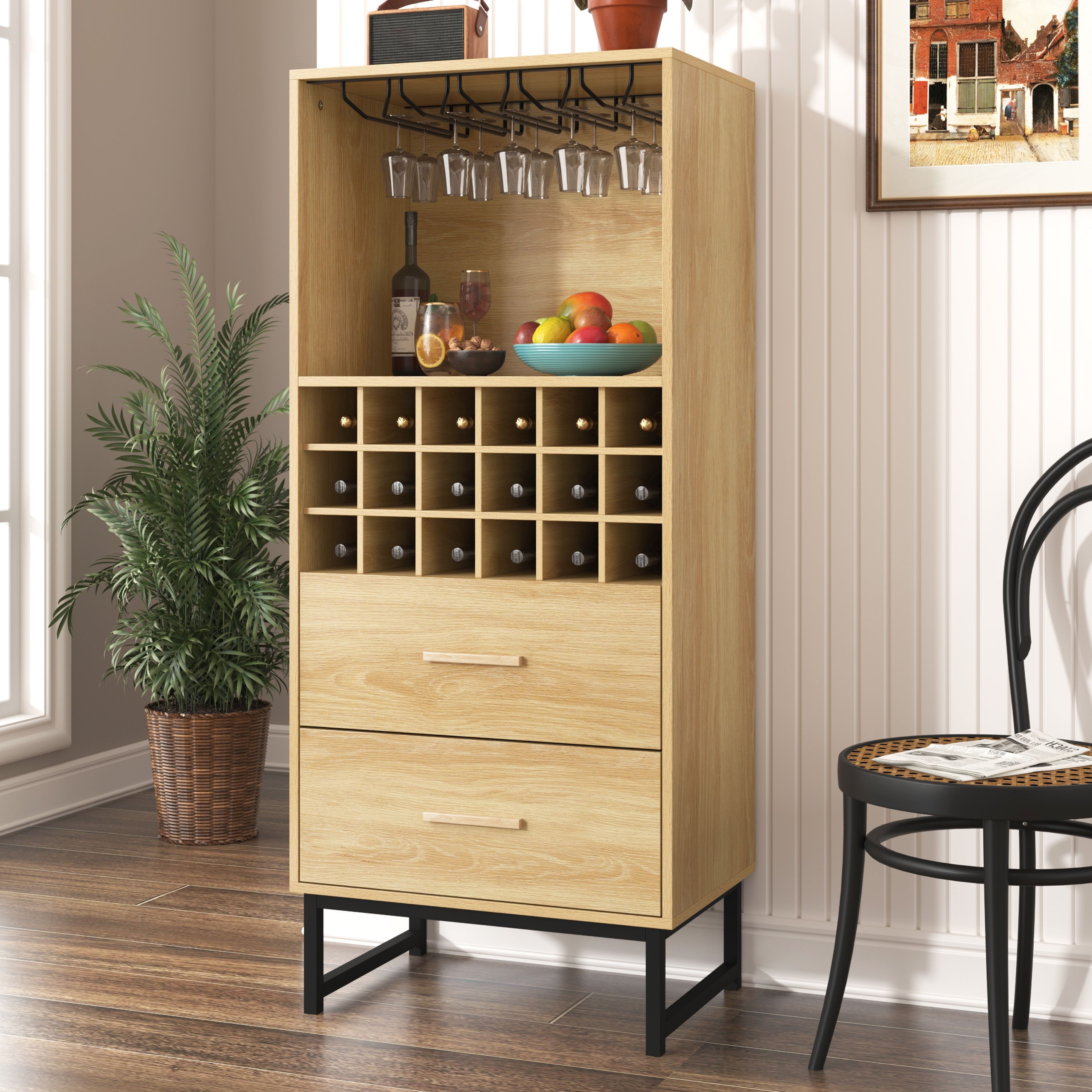 BlingBin Sideboard Stilvoller Weinschrank Kommode, Aufbewahrungsschrank mit 2 Schubladen (Anrichte mit 18 Fächern und Gläserhalterung – Perfekt für Weinliebhaber, 1 St., 60*39.5*141 cm, Produktladung: 50KG), Modernes Möbelstück, Mattschwarze Metallfüße, Holzfarbe