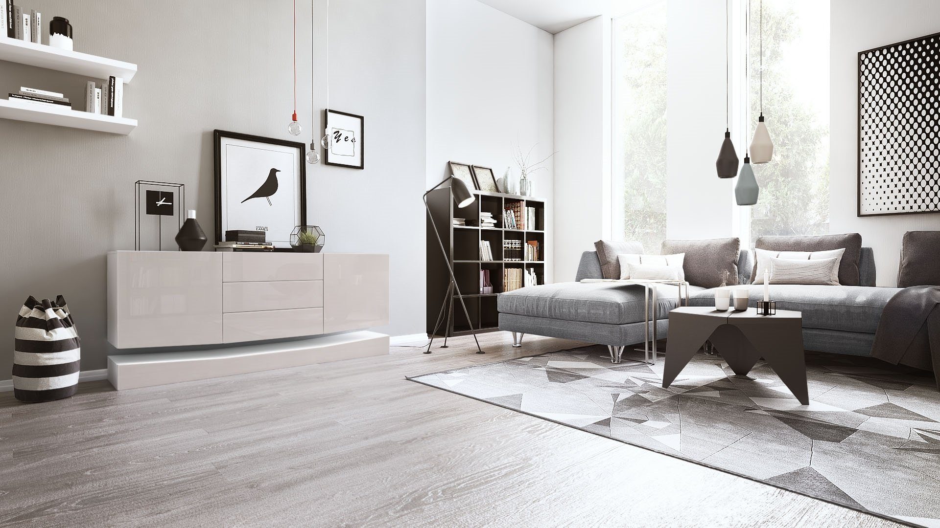 Vladon Sideboard City (Kommode, mit 2 Türen und 3 Schubladen), Weiß matt/Sandgrau Hochglanz (178 x 72 x 38 cm)