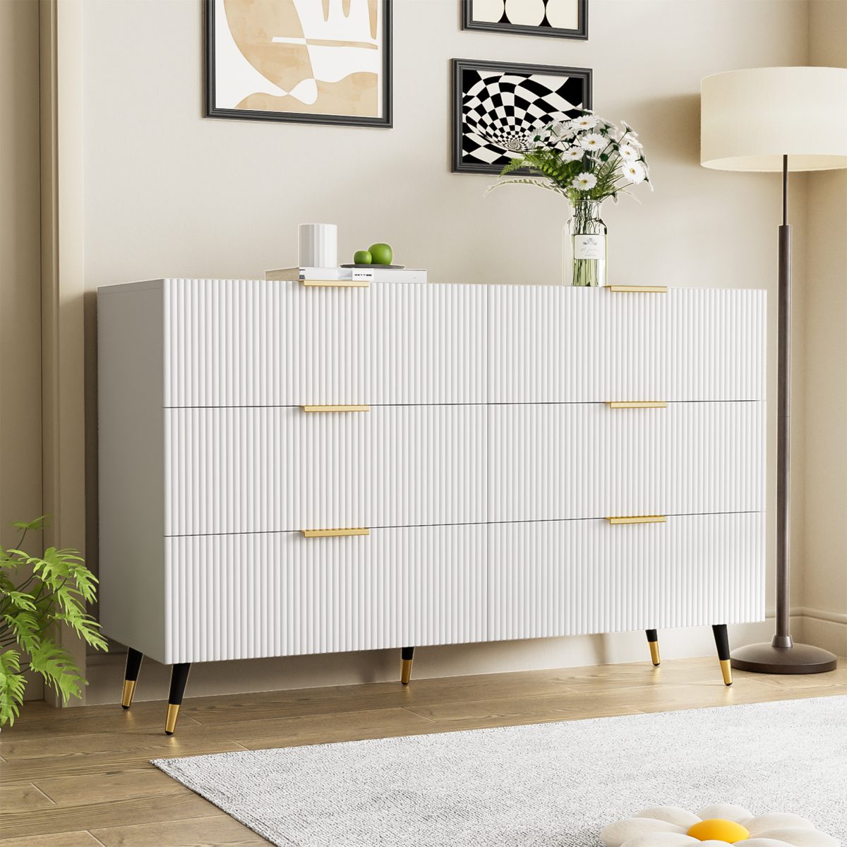 IDEASY Kommode Sideboard mit 6 Schubladen, Goldfarbene Griffe & Beine (Belastbar bis 60 kg, 15 cm hohe Beine für einfache Roboterreinigung), Elegante Kommode, Stilvolles Design für jedes Zuhause