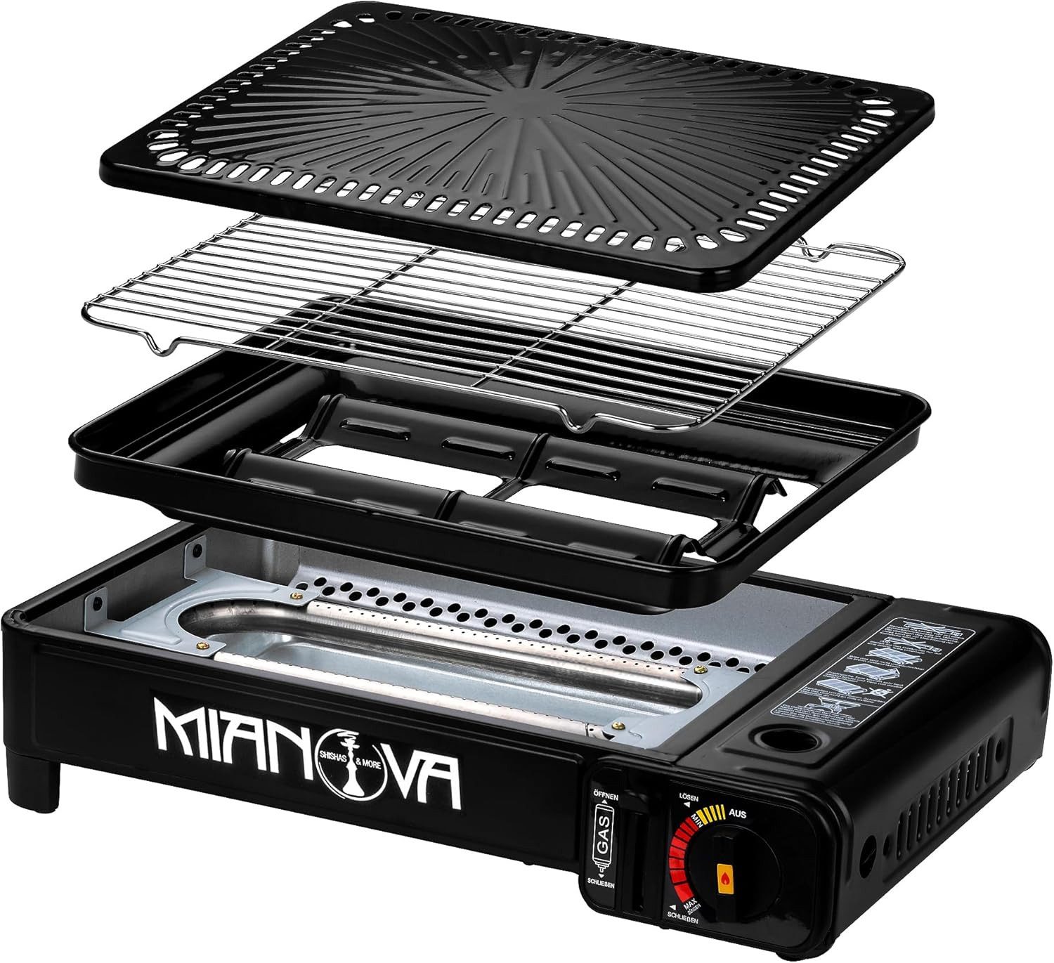 Mianova Camping-Gasgrill 2in1 Campinggrill Campingkocher Tischgrill Grillplatte 4 Gaskartuschen, Gasgrill für Camping Angeln Zelten - Ideal zum Grillen - Gelief – Bild 4 von 5