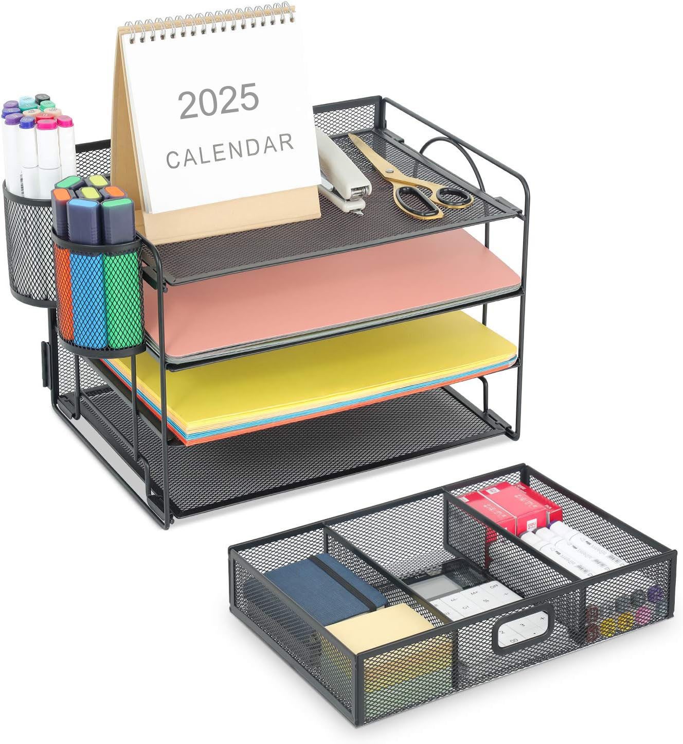 Refined Living Organizer Schreibtisch-Organizer, mit Schublade und 2 Stifthalter, 4-stöckig (Büro Organizer, Schreibtisch Aufbewahrung, Bürobedarf, Schreibtisch Ablage, Stifthalter Organizer, Multifunktionale Büroorganisation, Netz Schreibtisch-Organizer für Zuhause, 1 St., Viel Stauraum, Platzsparend und Funktional, Hohe Qualität), für Büro, Zuhause oder Schule – für Lehrer, Schüler und Berufstätige