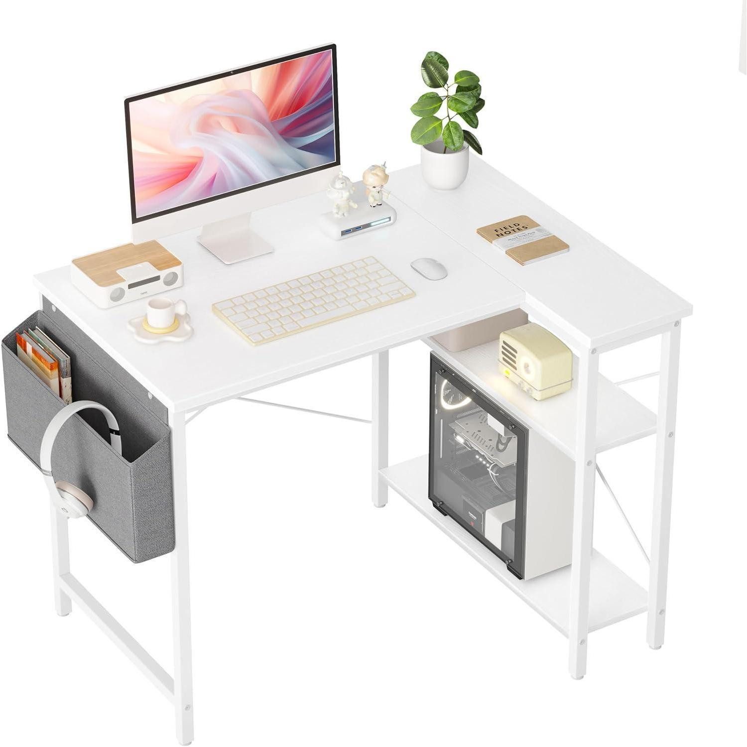 LuxusKollektion Gamingtisch L-förmiger Gaming Schreibtisch 100x70 cm Weiß mit Ablagefächern