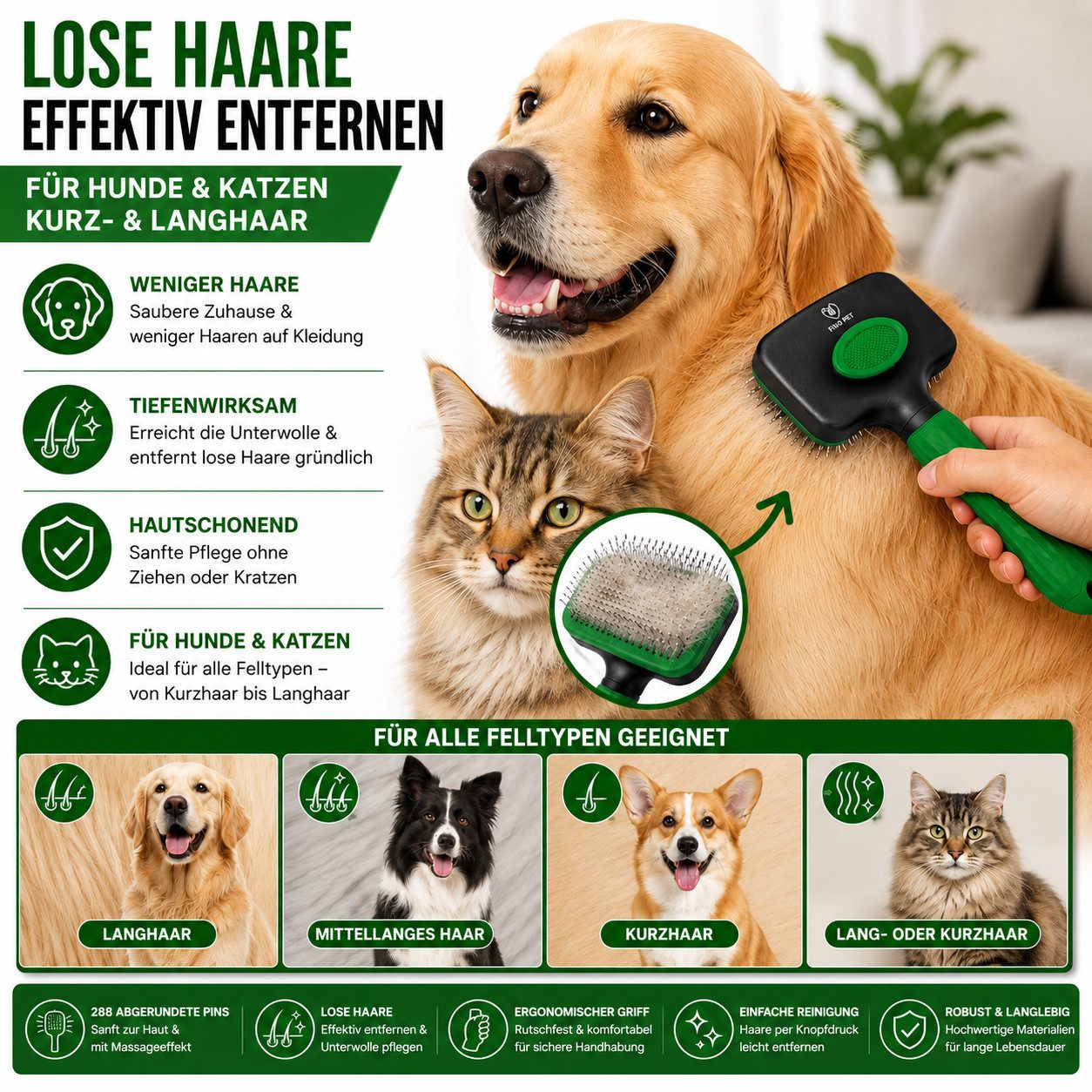 FinoPet Fellbürste Hundebürste / Katzenbürste mit automatischem Selbstreinigungsknopf, Edelstahlbürstenkopf mit 288 schützenden Perlen überzogenen, (1-tlg), Für Hund und Katze Langhaar Kurzhaar