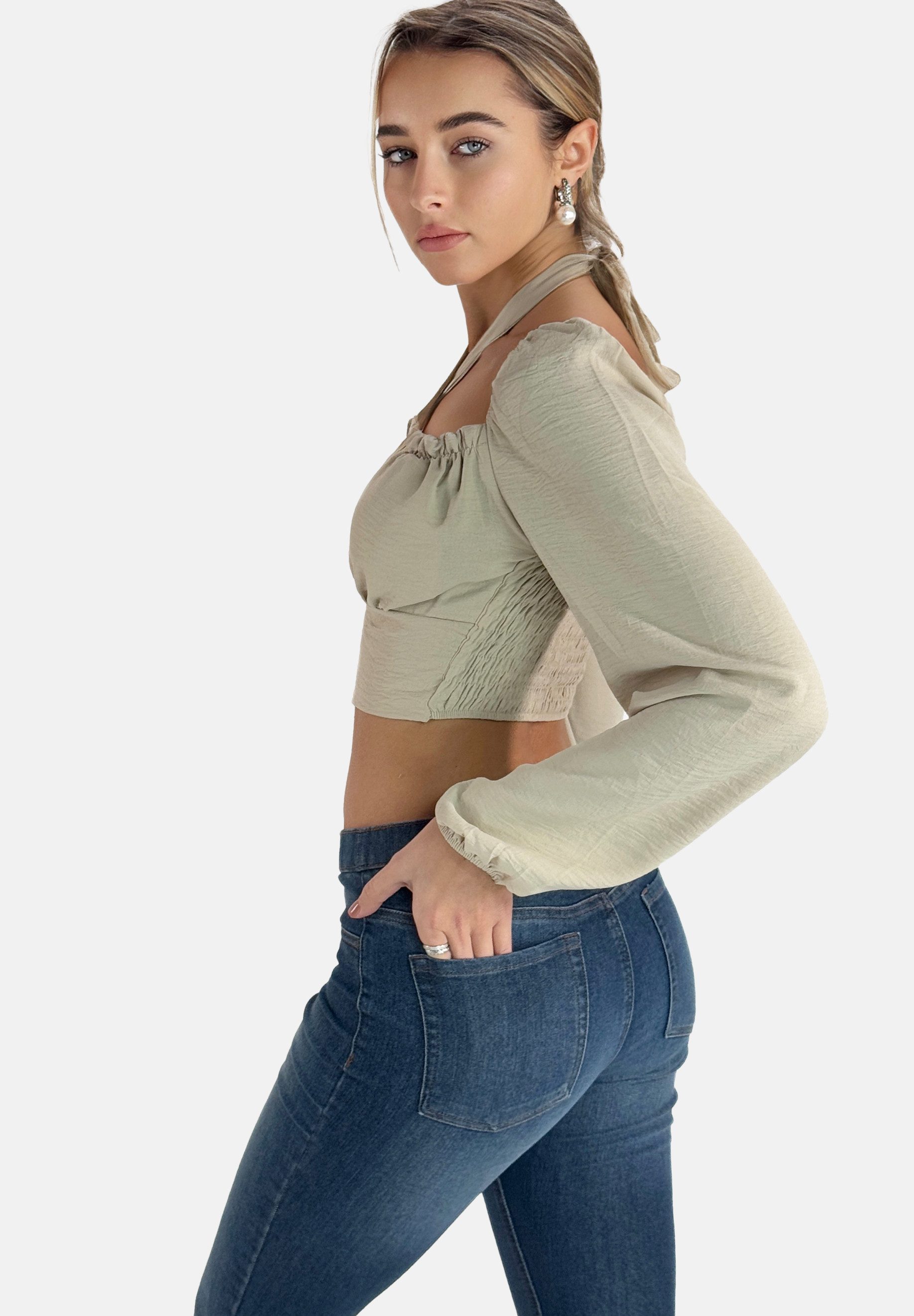Elara Blusentop Damen Crop Top mit Cut-Out – Langarm Shirt mit Halterneck Design