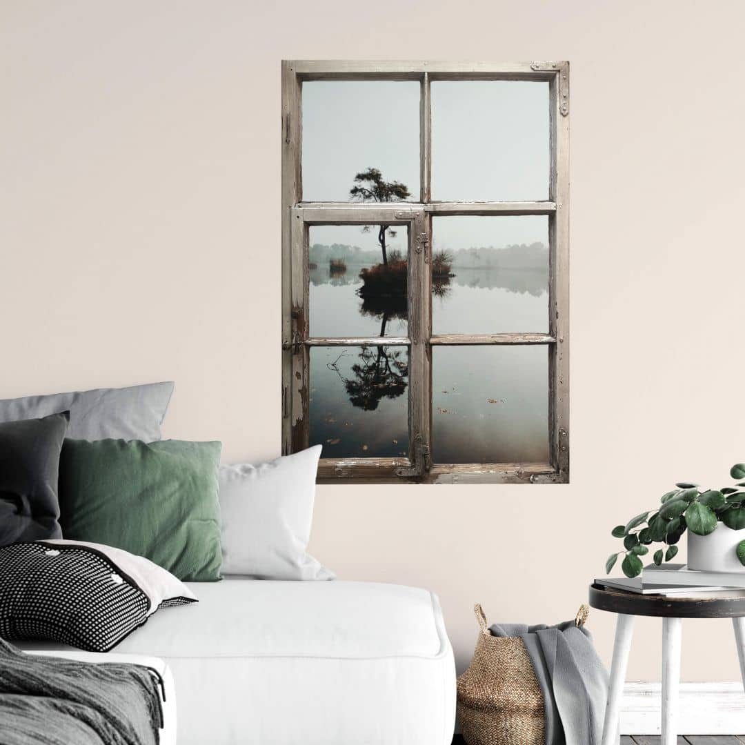 K&L Wall Art Wandtattoo 3D Wandtattoo Wellness Aufkleber Baum am See Reflektion Feng Shui Deko, Holzfenster Wandbild selbstklebend