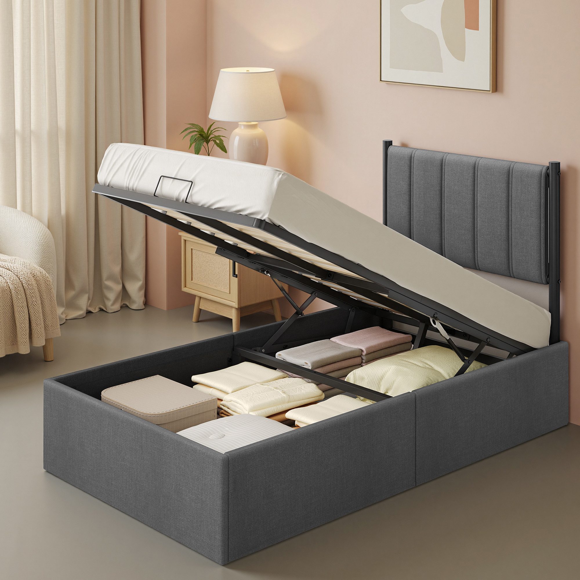 VASAGLE Polsterbett Bettgestell, Bettrahmen, Bett, modern, einfache Montage, Kopfteil, klappbar Lattenrost, Hydrauliksystem, 90 x 200 cm