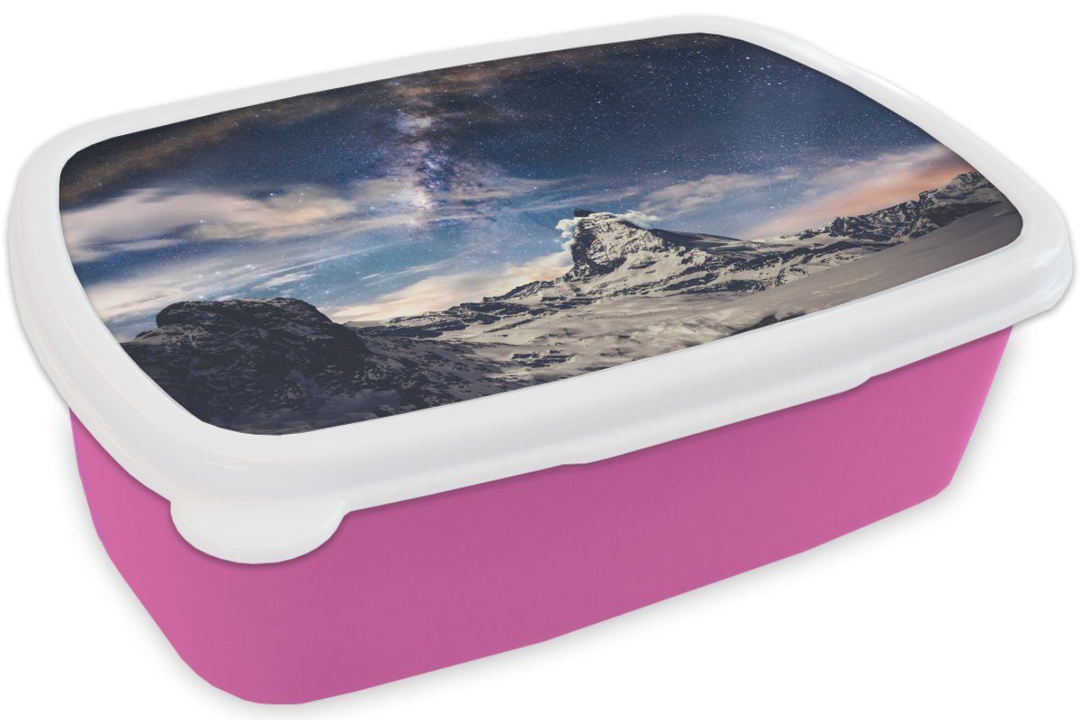 MuchoWow Lunchbox Zermatt Mädchen, Sternenhimmel bei Kunststoff Kinder, (2-tlg), Erwachsene, Snackbox, Brotdose Matterhorn Kunststoff, und Brotbox rosa Schweiz, für