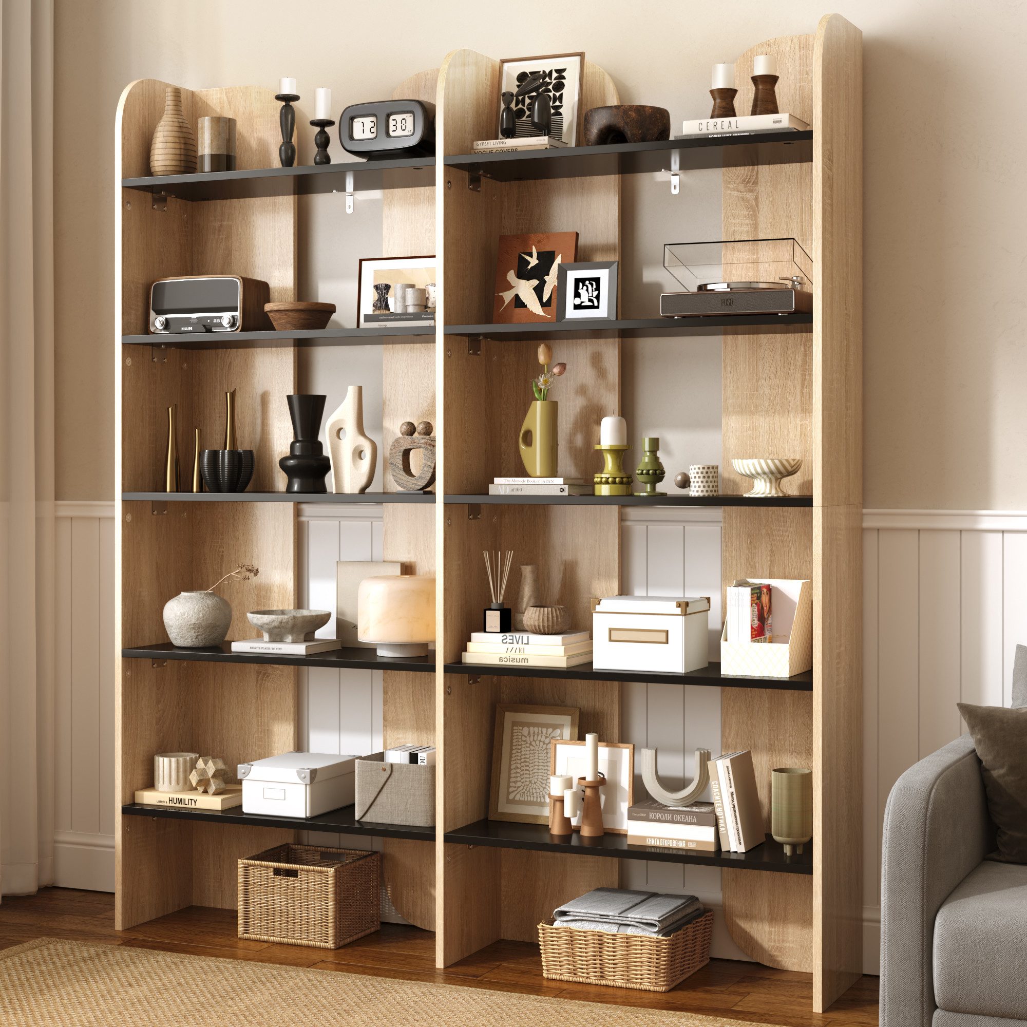 Flieks Bücherregal Standregal Büroregal, 12 offene Fächern, B135/H160/T25 cm 1-tlg., Bücherschrank mit 12 Ebenen Ablageregal Natur, Anti-Kipp-Vorrichtung