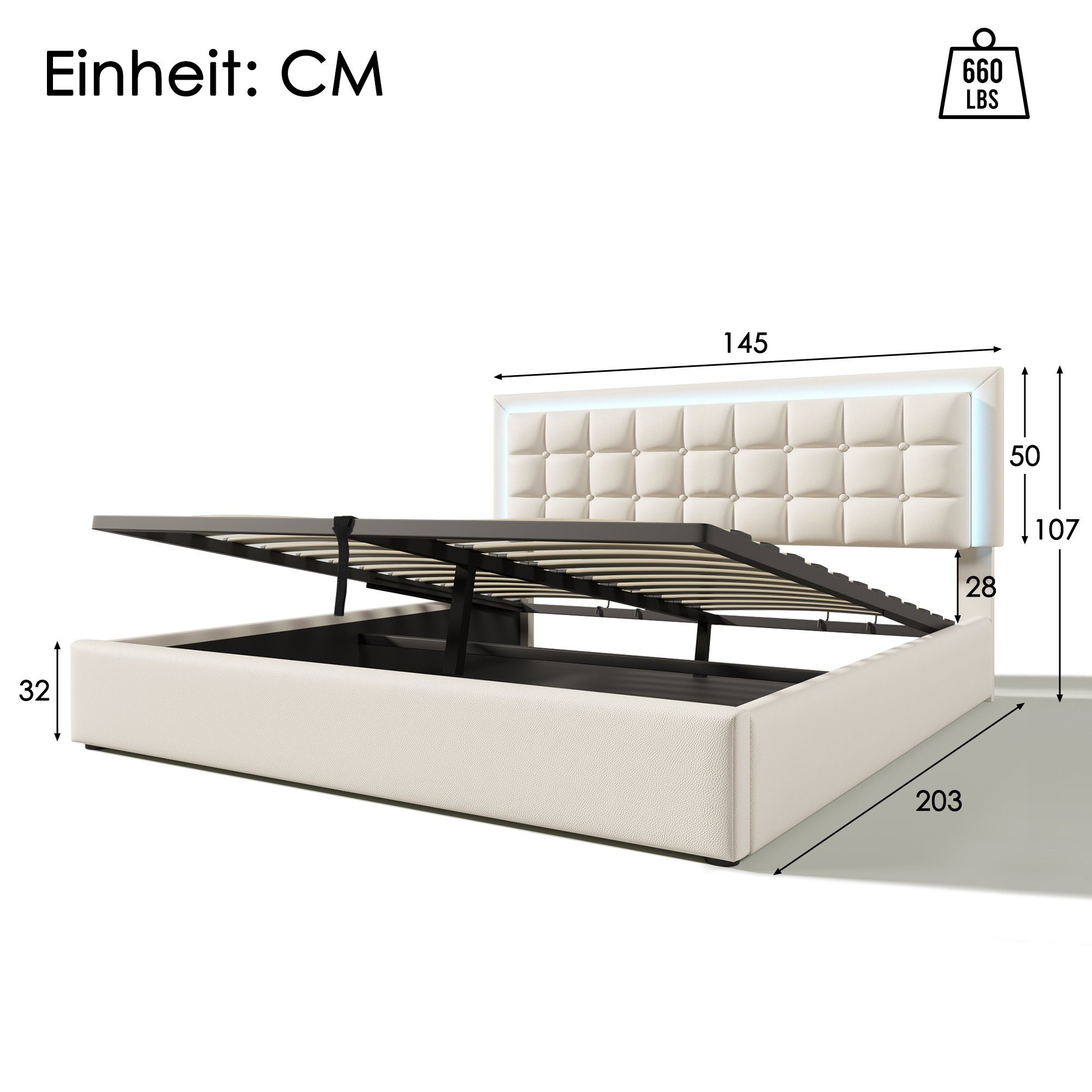 Stauraumbett Bettgestell Hydraulisch mit Material Hochwertiges Doppelbett (Metallrahmen) mit Lattenrost Bettgestell Massivholzbett Stauraum, (inkl. HAUSS LED-Beleuchtungsleiste Modernes Bettstauraum), SPLOE Polsterbett Polsterbett