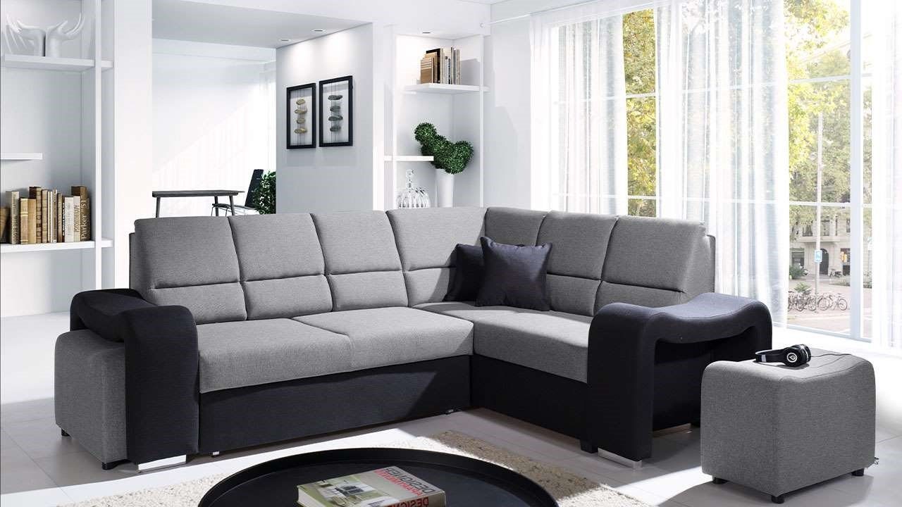 MKS MÖBEL Ecksofa AKIWA, Wohnlandschaft - L-Form Couch mit Schlaffunktion, 2 Hocker Hellgrau und Schwarz