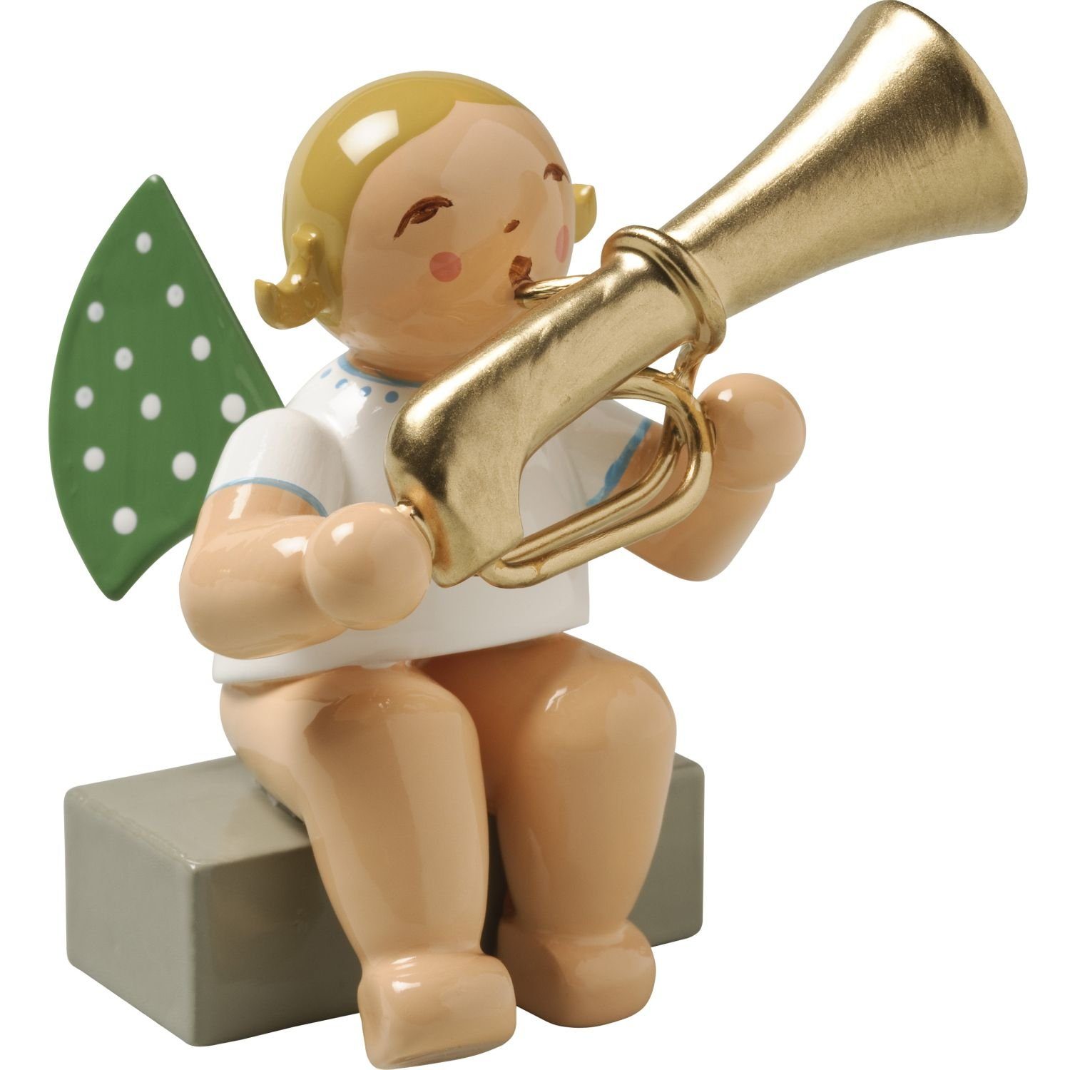 Wendt & Kühn Weihnachtsfigur Engel mit Basstrompete Sitzend 650/28A, Haarfarbe zufällig blond oder braunhaarig