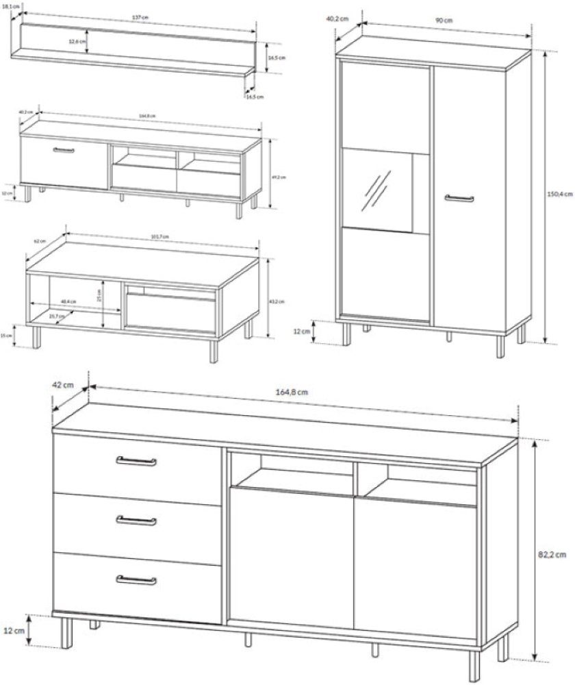 Feldmann-Wohnen 5-teilig eiche Wohnwand anthrazit Nest, artisan