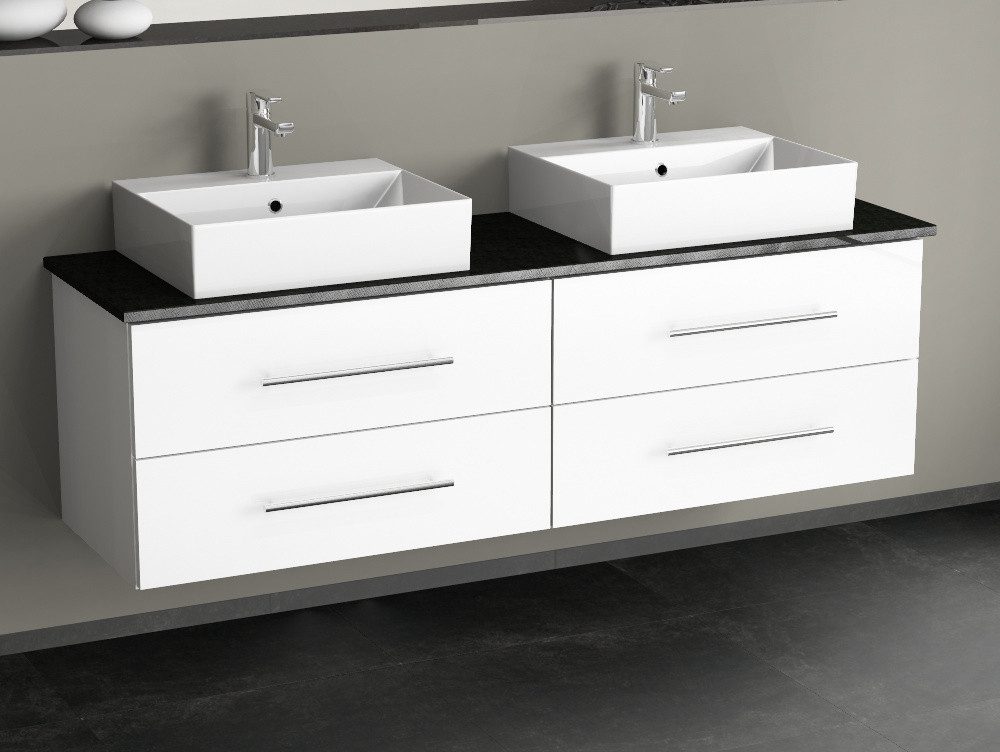 Aqua Bagno Badmöbel-Set Badmöbel-Set 160 cm Weiß Hochglanz mit Doppelwaschbecken & Steinplatte, (5-St., Badmöbelschrank mit Trägerplatte, Waschbecken)