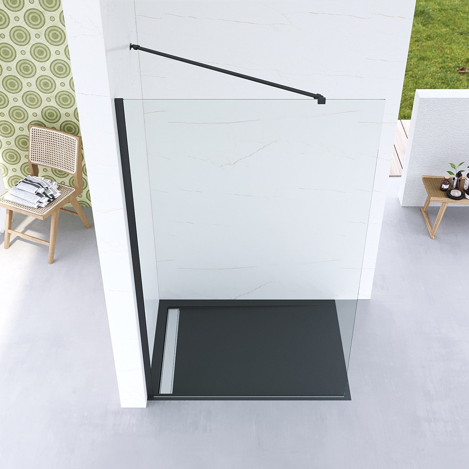 Thumbnail - AQUABATOS Walk-in-Dusche Walk in Duche schwarz Duschtrennwand Glasduschwand Duschabtrennung, 8 mm starkes Einscheibensic...