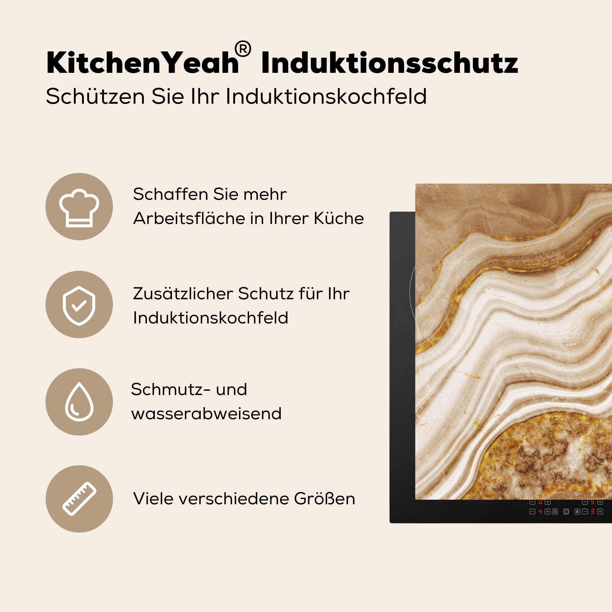Linie, tlg), - Schutz für Induktionskochfeld - Vinyl, (1 MuchoWow küche, cm, 81x52 Ceranfeldabdeckung Marmor Herdblende-/Abdeckplatte Braun die