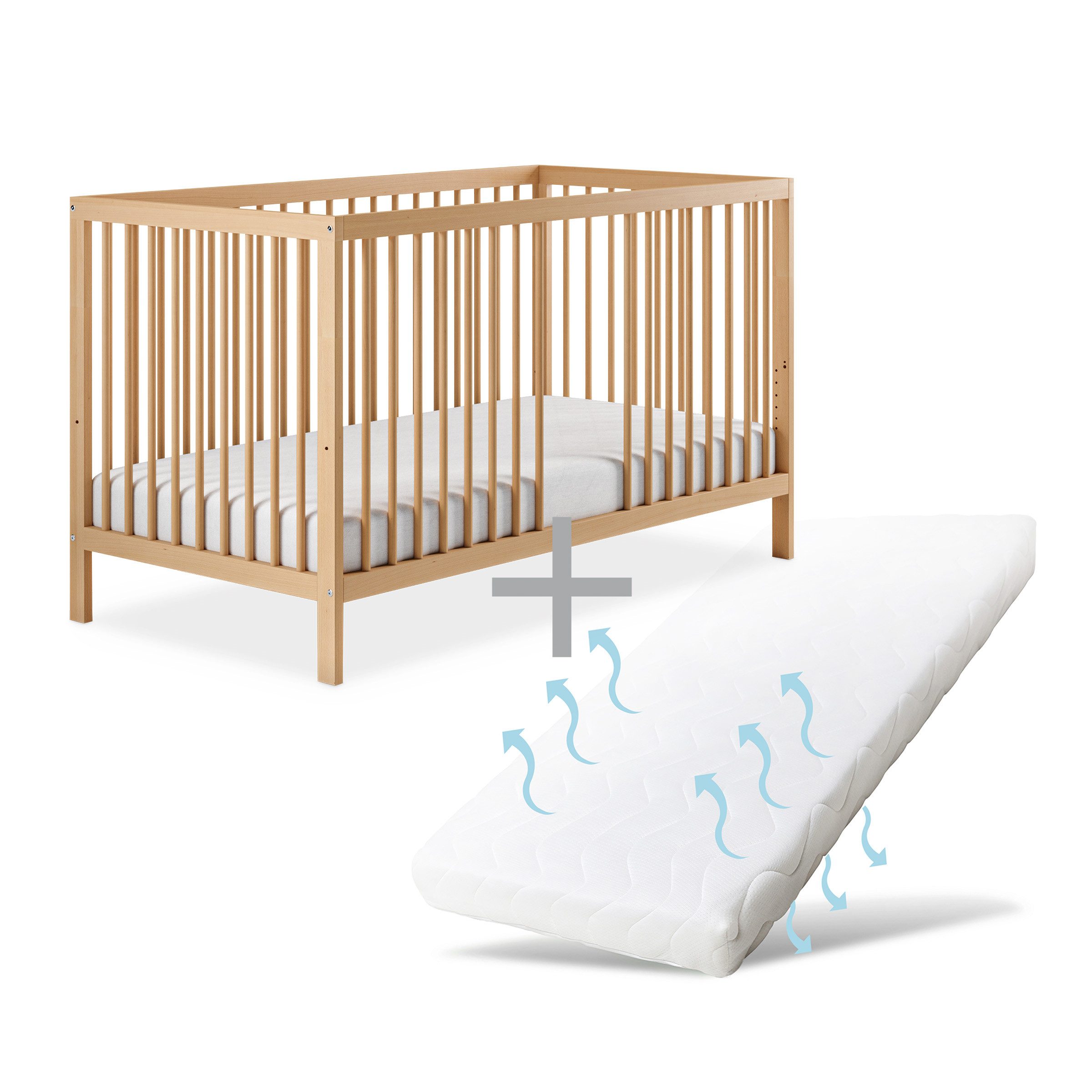 Babybett PUR inkl. Matratze aus massivem Buchenholz