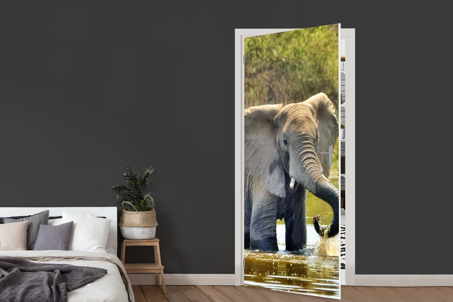 MuchoWow Türtapete Elefant - Wasser Tür, Fototapete Tiere Natur, cm 75x205 bedruckt, - Matt, Türaufkleber, - St), (1 für