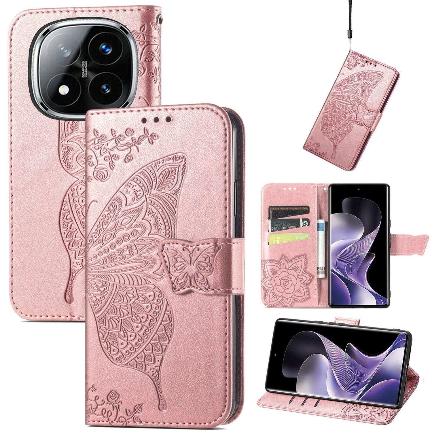 Wigento Smartphone-Hülle Für Xiaomi Redmi Note 14 Pro Plus 5G Kunstleder Book Wallet Hülle Rosa, Kunst-Leder Schutzhülle Smart Case Cover magnetischer Verschluss