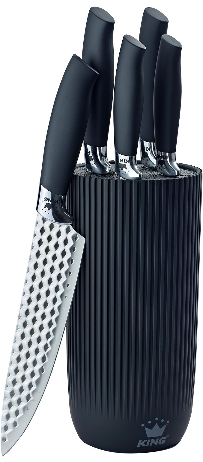 KING Pfannen-Set »Moonscape 3er«, inkl. Messer-Set, Aluminiumguss (Set, 9-tlg., 3 Pfannen, 5 Küchenmesser, 1 Messerblock), Induktion, abnehmbarer Griff, MOONSCAPE-Beschichtung