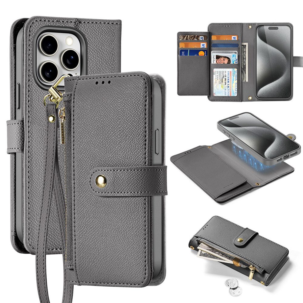 Dux Ducis Smartphone-Hülle Handyhülle Schutzhülle Klapptasche 6,1 Zoll, Echtleder, Reißverschlussfach, MagSafe, abnehmbar