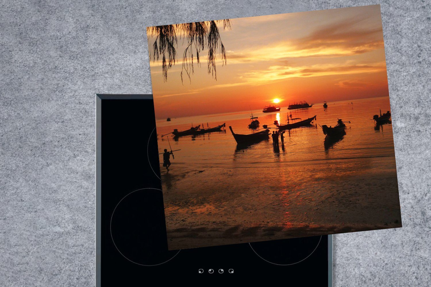 Arbeitsplatte 78x78 Ceranfeldabdeckung, Herdblende-/Abdeckplatte auf MuchoWow cm, (1 Sairee Silhouette Thailand, küche Tao Koh Vinyl, für in Strand tlg),