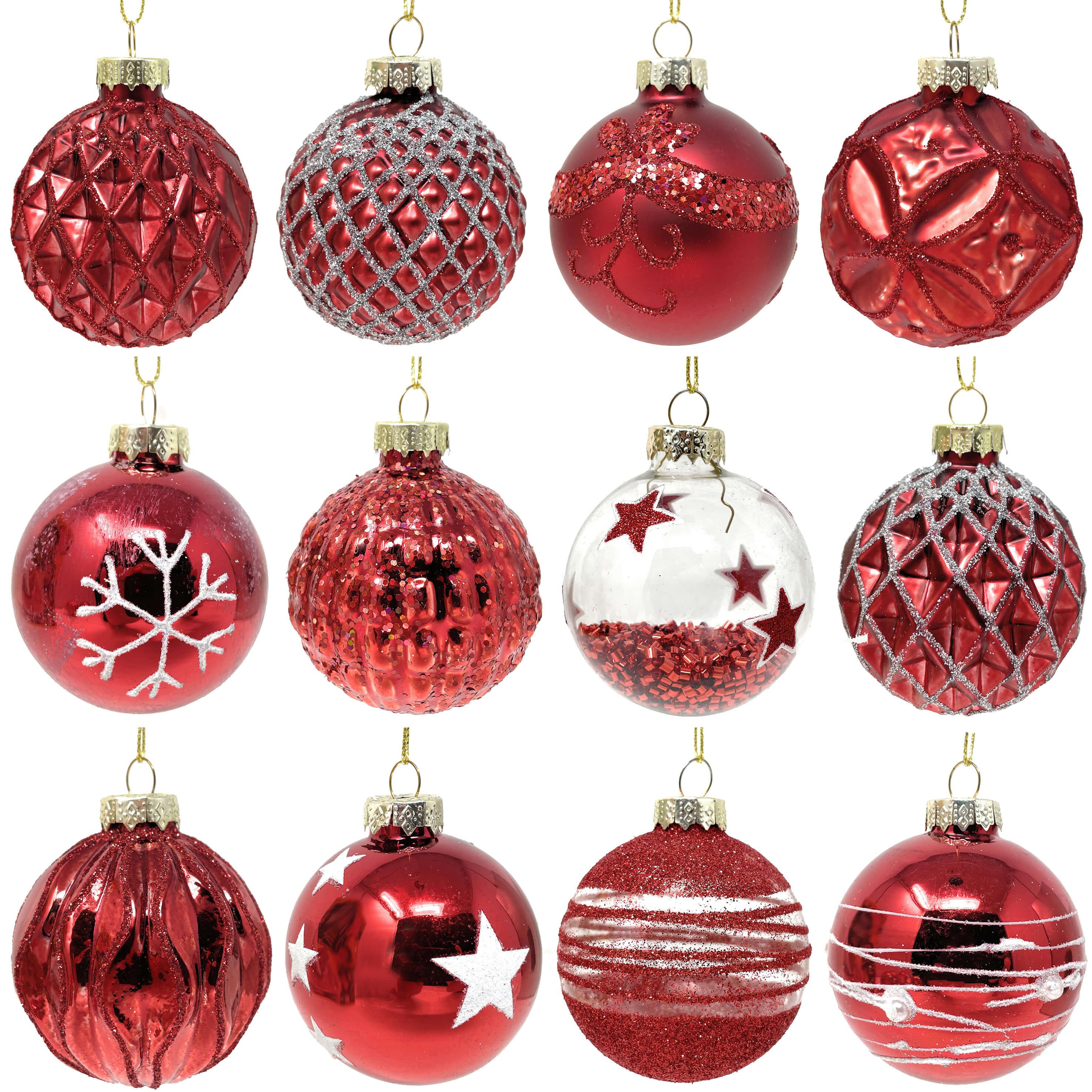 AMLI Weihnachtsbaumkugel Weihnachtskugeln Glas Deluxe Rot 6cm (12 St), 12er Set Moderne Weihnachtskugeln handbearbeitet Christbaumschmuck