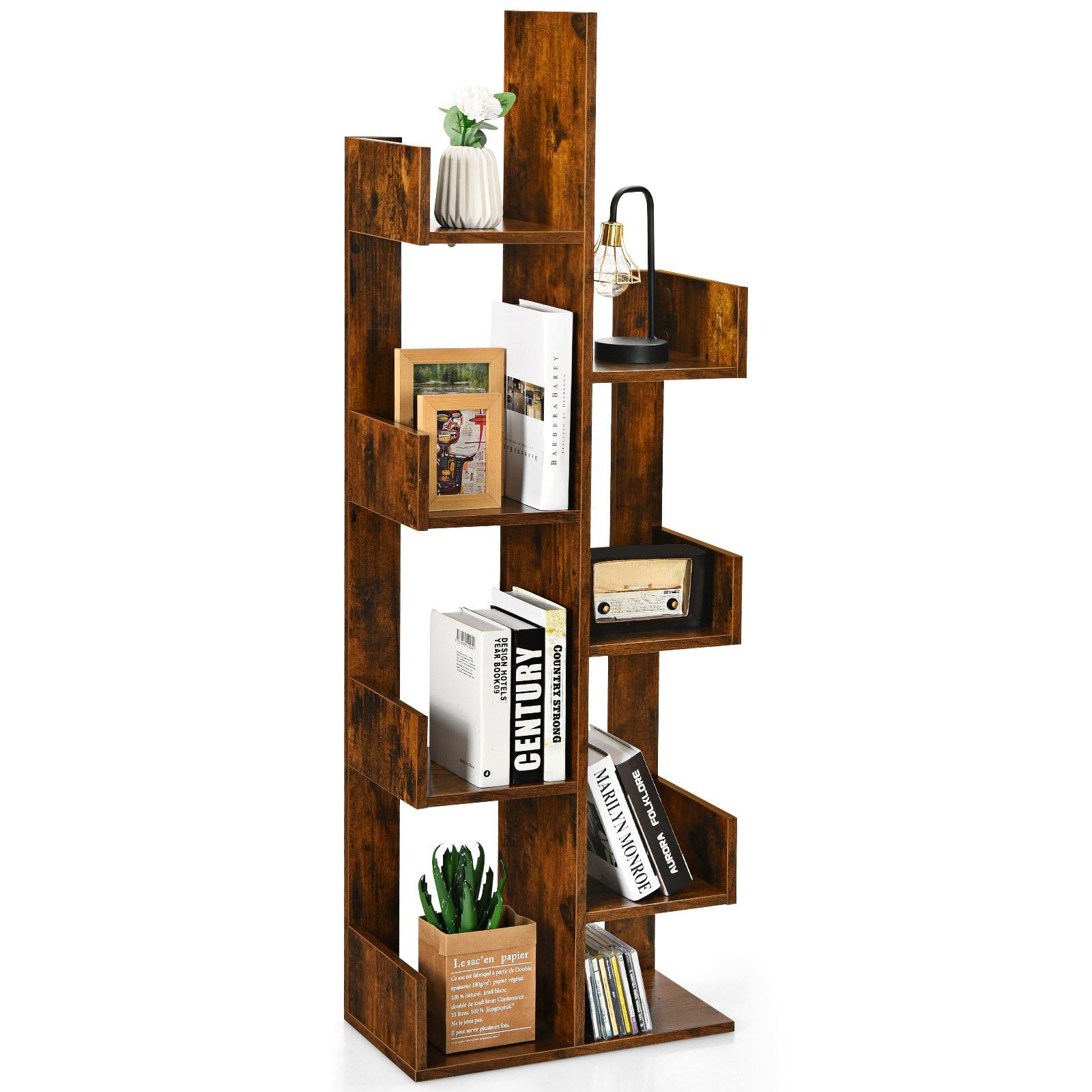 COSTWAY Bücherregal, mit 8 Fächern, bis 80kg, im Baumform, 50x25x145cm Vintagebraun