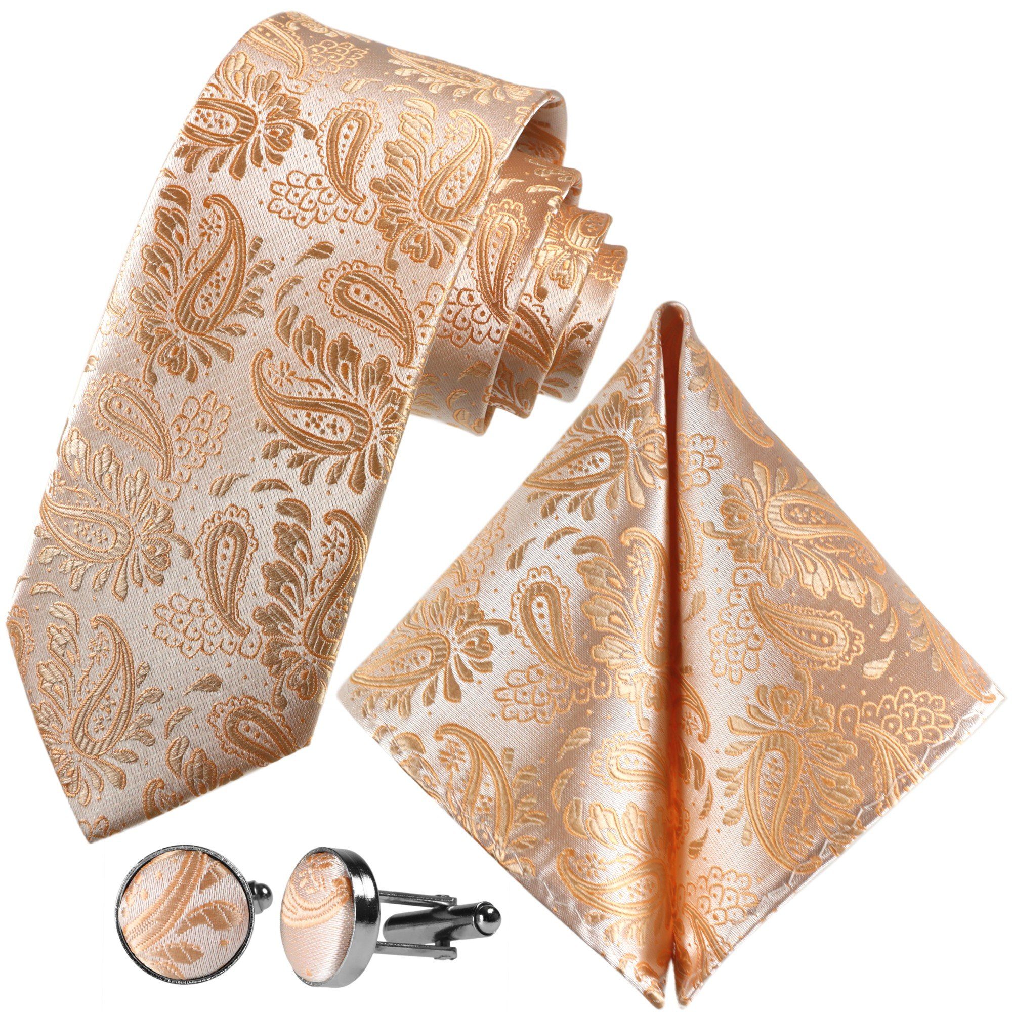 GASSANI Krawatte Hochzeitskrawatte Paisley Festlich, Herren-Krawatte Hochzeit Schlips (Set, 3-St., Галстукиset, Einstecktuch, Manschettenknöpfe) Dünn, Schmal, Slim Tie, Satin Jacquard Floral Gemustert, Seide-Touch