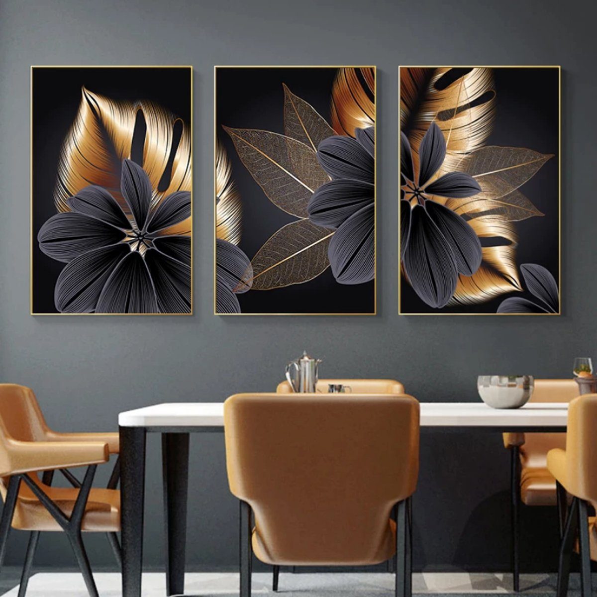 TPFLiving Kunstdruck (OHNE RAHMEN) Poster - Leinwand - Wandbild, Goldene und schwarze Blätter - (3 Motive und in 17 Größen zur Auswahl - Günstiges 3-er Set), Farben: Schwarz, Gold, Braun - Größe: 25x35cm