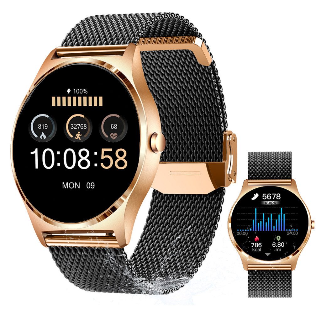 XCOAST JOLI Damen Smartwatch (3,9 cm/1,3 Zoll, iOS Android) Fitnesstracker, neueste Generation, 3-tlg., milanaise Edelstahlarmband mit Schnellwechselverschluss, 9 Tage Akku, Wasserdicht, Puls, Kalorien, Sport, Nachrichten
