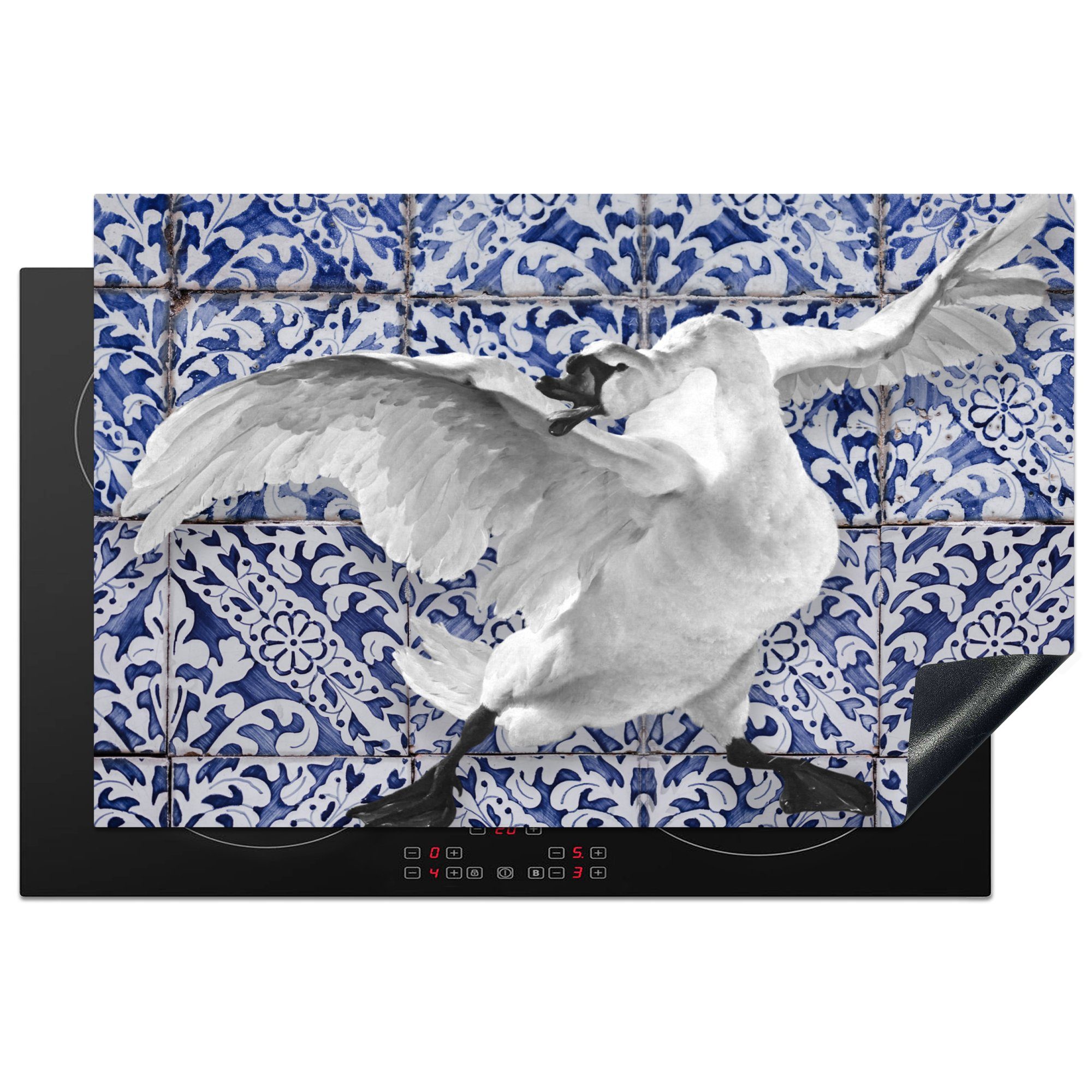 MuchoWow Herdblende-/Abdeckplatte Schwan - Kunst - Delfter Blau - Malerei - Alte Meister, Vinyl, (1 tlg), 81x52 cm, Induktionskochfeld Schutz für die küche, Ceranfeldabdeckung