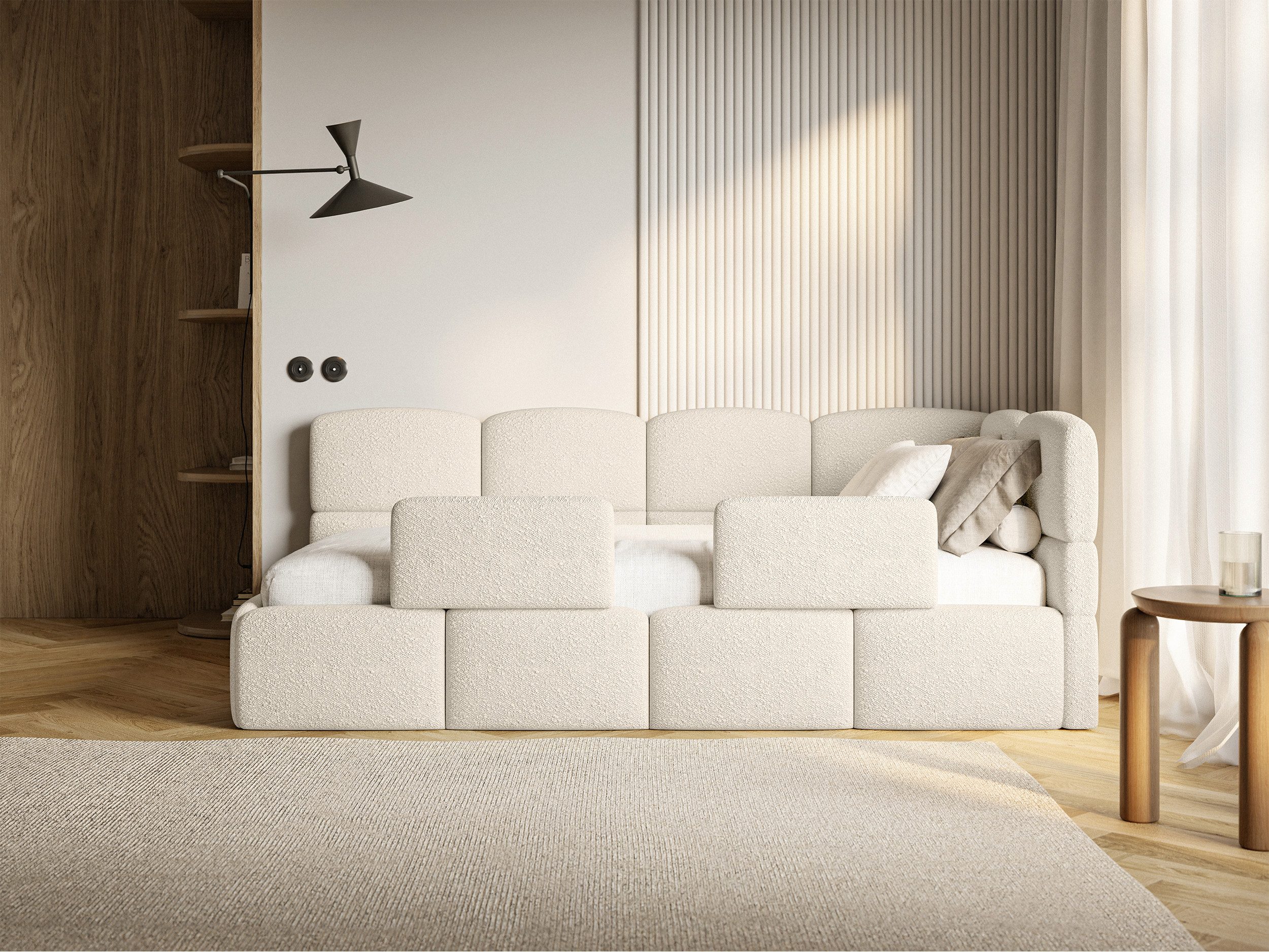 Selsey Kinderbett CLOUDY, mit Bettkasten, Lattenrost, 2x Rausfallschutz, Bouclé, 120 x 200 cm