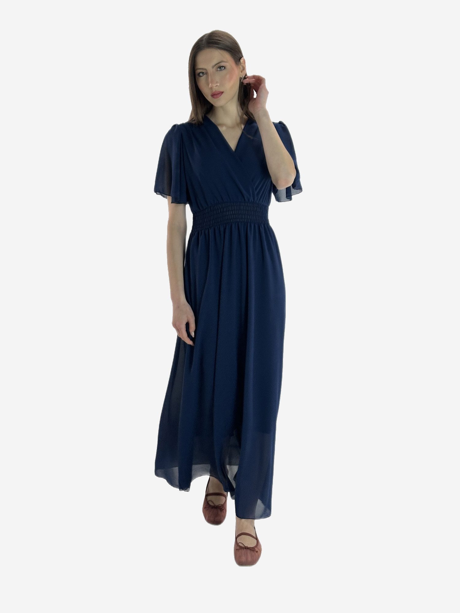 Elara Maxikleid — Damen Sommerkleid mit Wickeloptik, Smoktaille & Flügelärmeln (1-tlg)