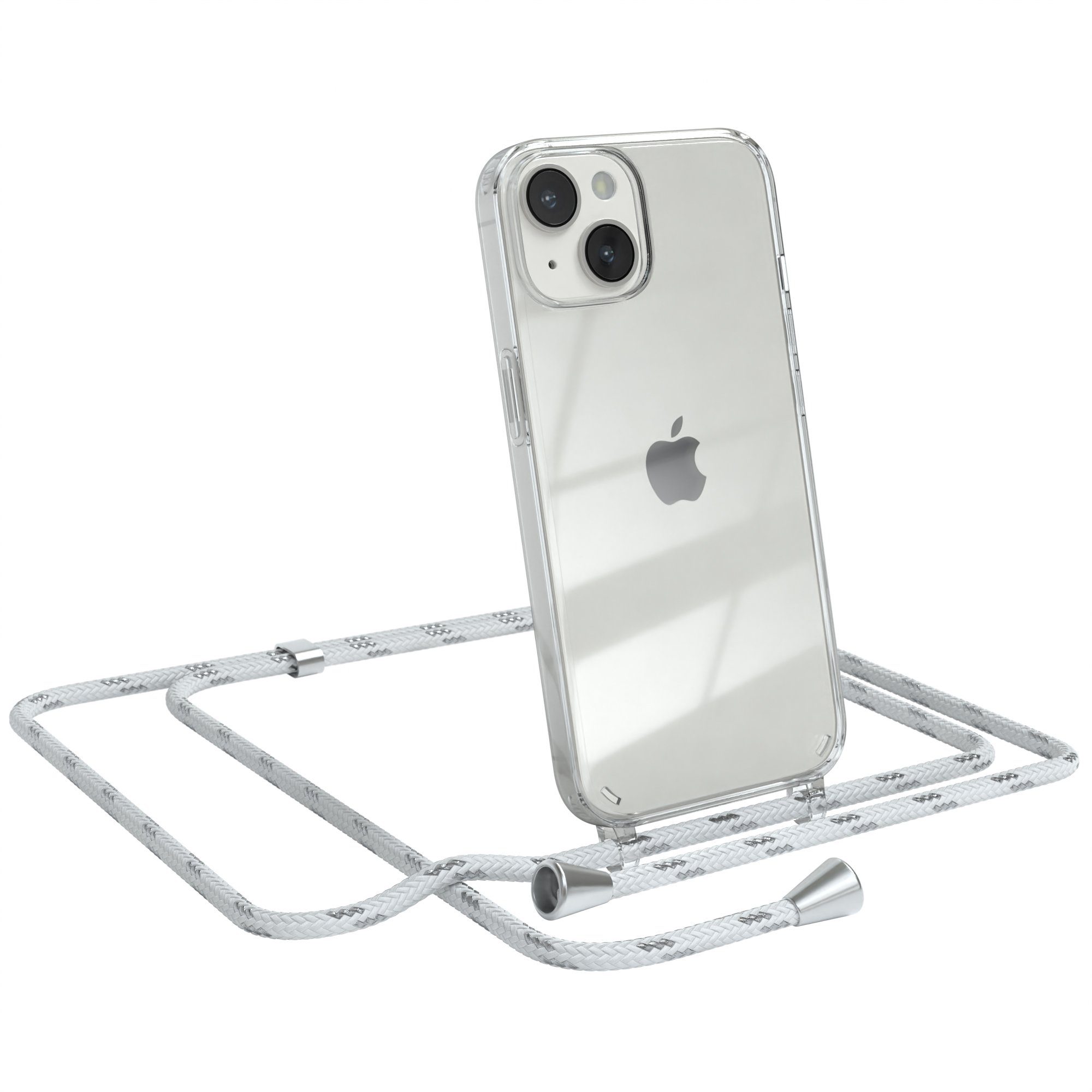 EAZY CASE Handykette Hülle mit Kette für Apple iPhone 14 6,1 Zoll, Hülle Smartphonekette für Unterwegs Festivalhülle Transparent Weiß