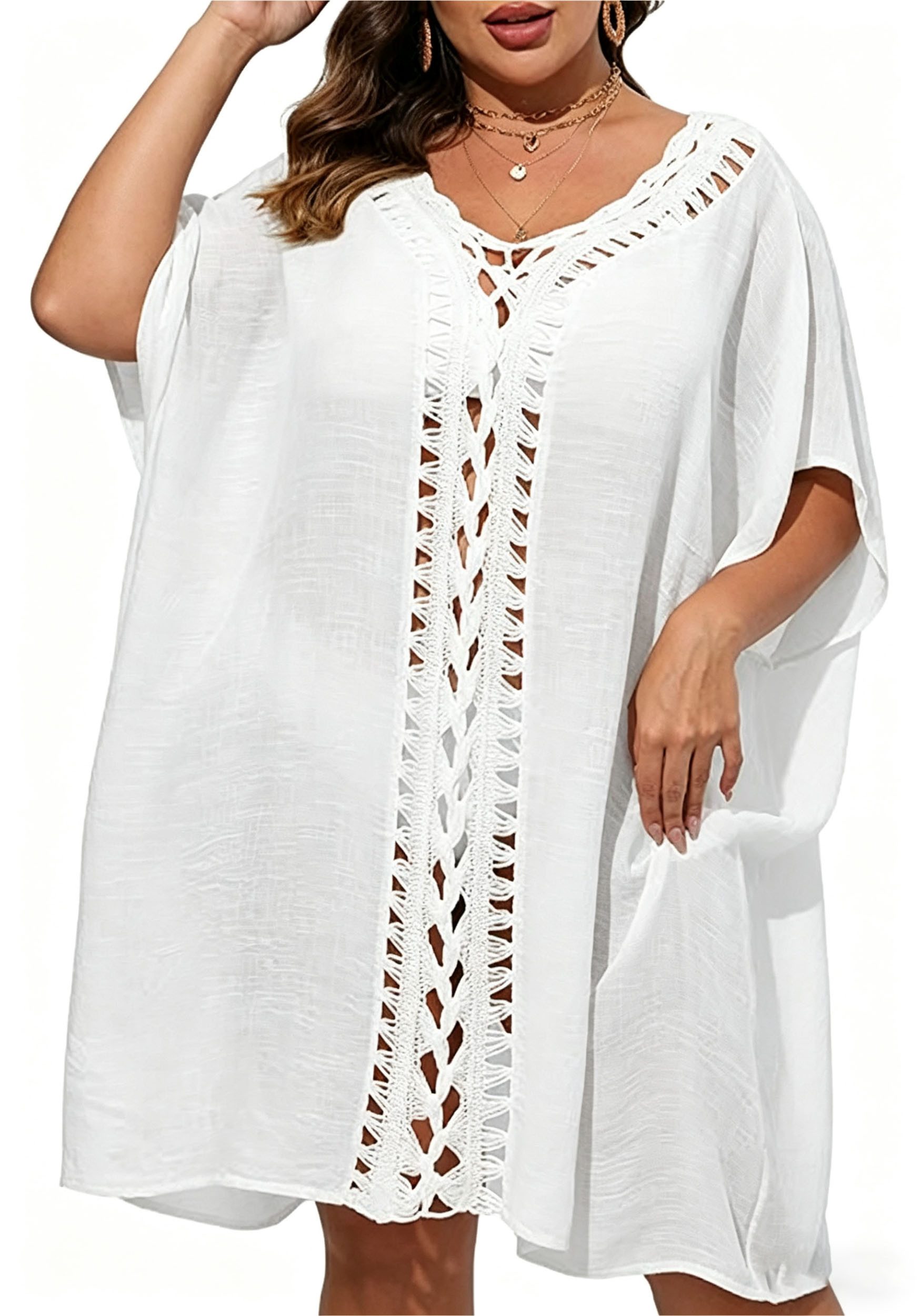 Mutig Strandkleid Damen Plus-Size-Strandkleid, Badeanzug-Überwurf, Häkel-Design-Kleid (Sommer Strandponcho, Leichter Bikini Überwurf für Strand & Urlaub, Beste Übereinstimmung für Bikini, Shorts, Badeanzug usw) Sie wirkt auch bei kurvigeren Frauen sehr attraktiv und stilvoll