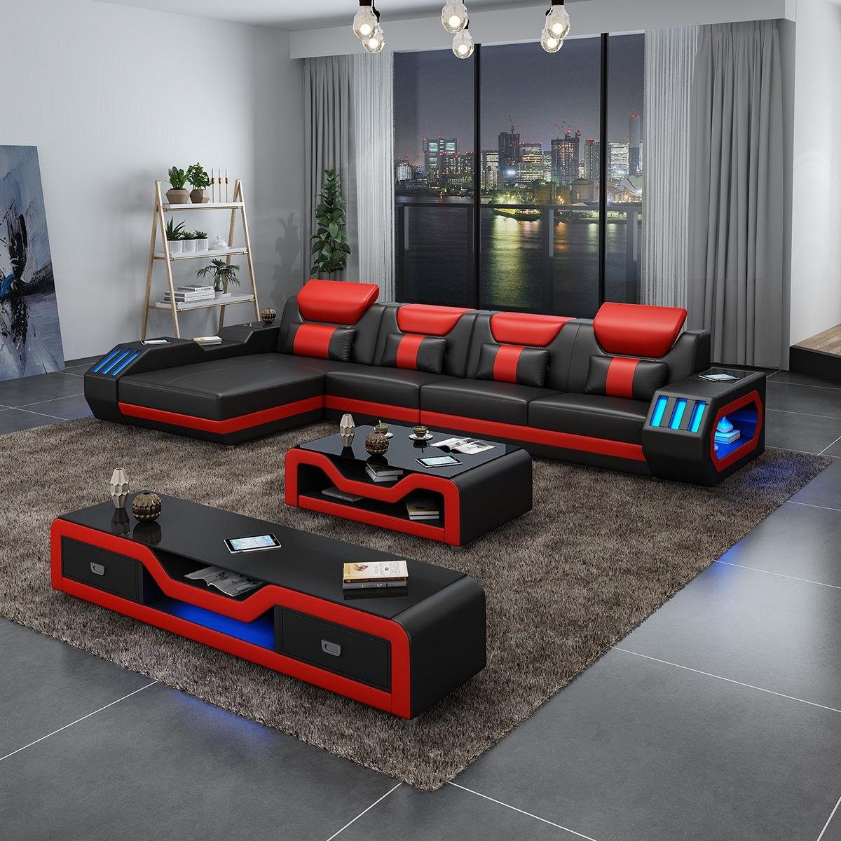 JVmoebel Wohnzimmer-Set, Wohnlandschaft Sofa Ledersofa L-Form Sofagarnitur Modern Schwarz/Rot Couch