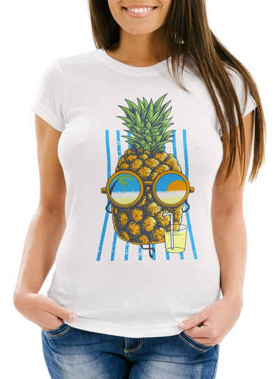 Neverless Print-Shirt Damen T-Shirt chilling Ananas Pinapple Sommer Beach Cocktail Neverless® mit Print