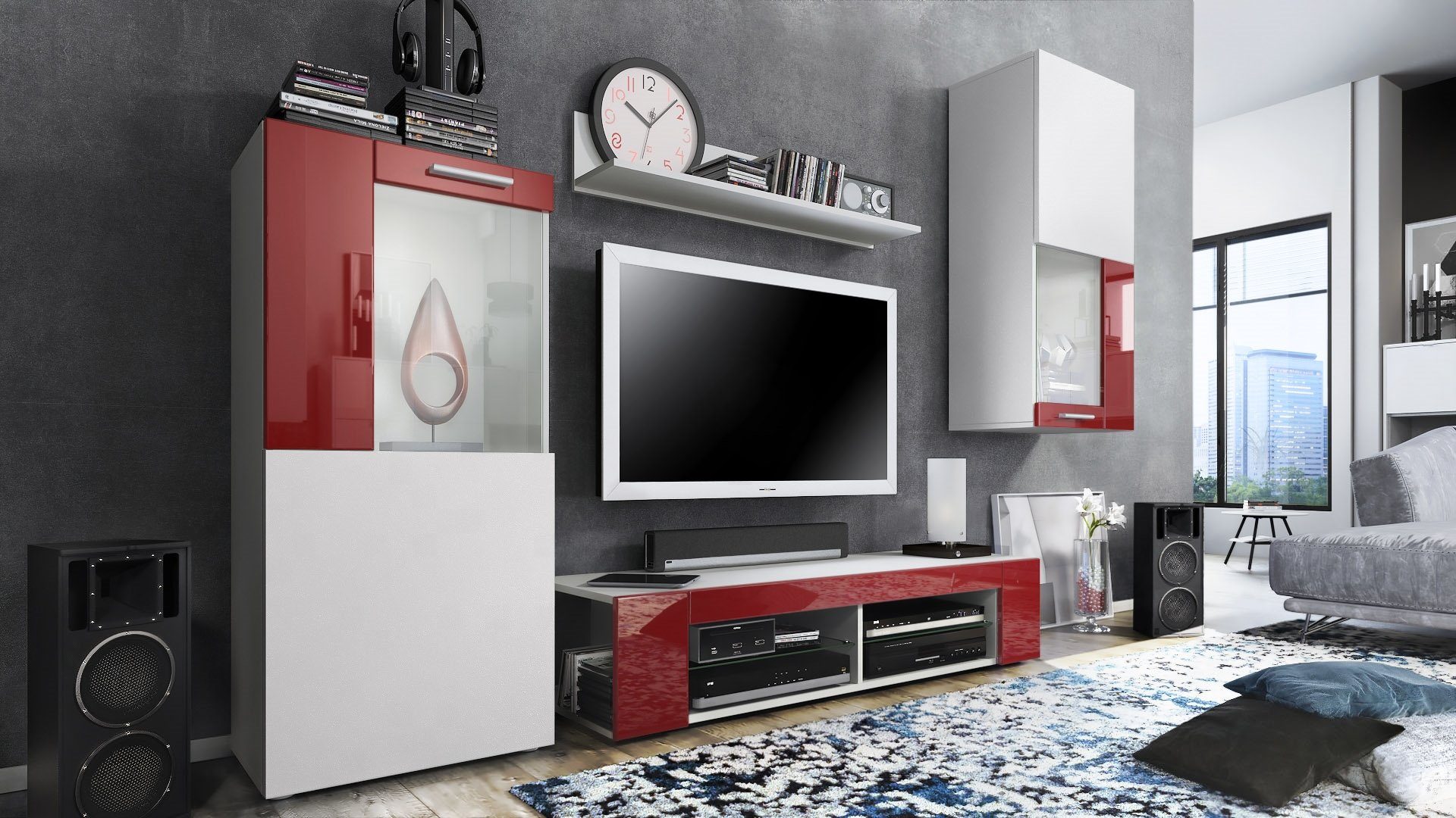 Vladon Wohnwand Movie, (Anbauwand, bestehend aus 1 TV-Board, 2 Vitrinen und 1 Regal), Weiß matt/Weiß matt/Bordeaux Hochglanz (Gesamt: 300 x 190 x 39 cm)