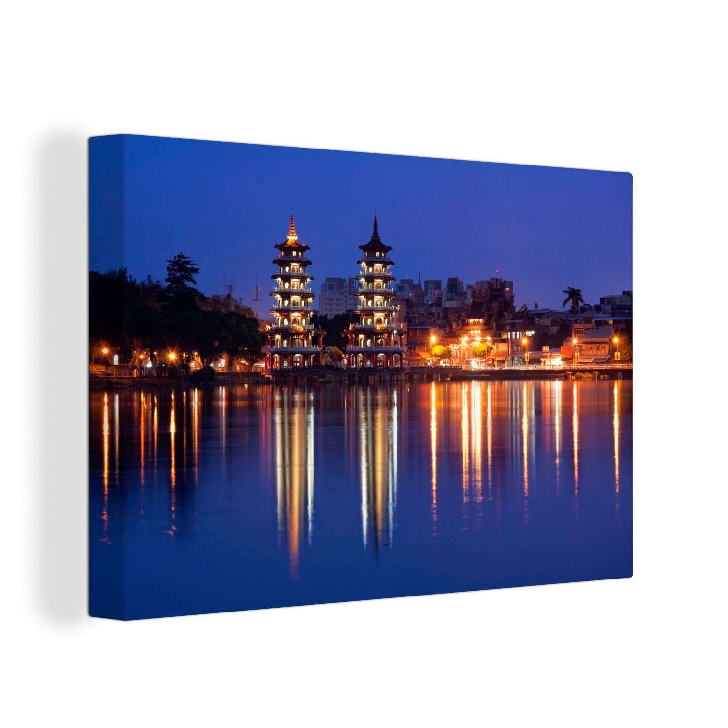 OneMillionCanvasses® Leinwandbild Beleuchteter Drachen-Tiger-Turm bei Kaohsiung in Asien, (1 St), Wandbild Leinwandbilder, Aufhängefertig, Wanddeko, 30x20 cm | Leinwandbilder