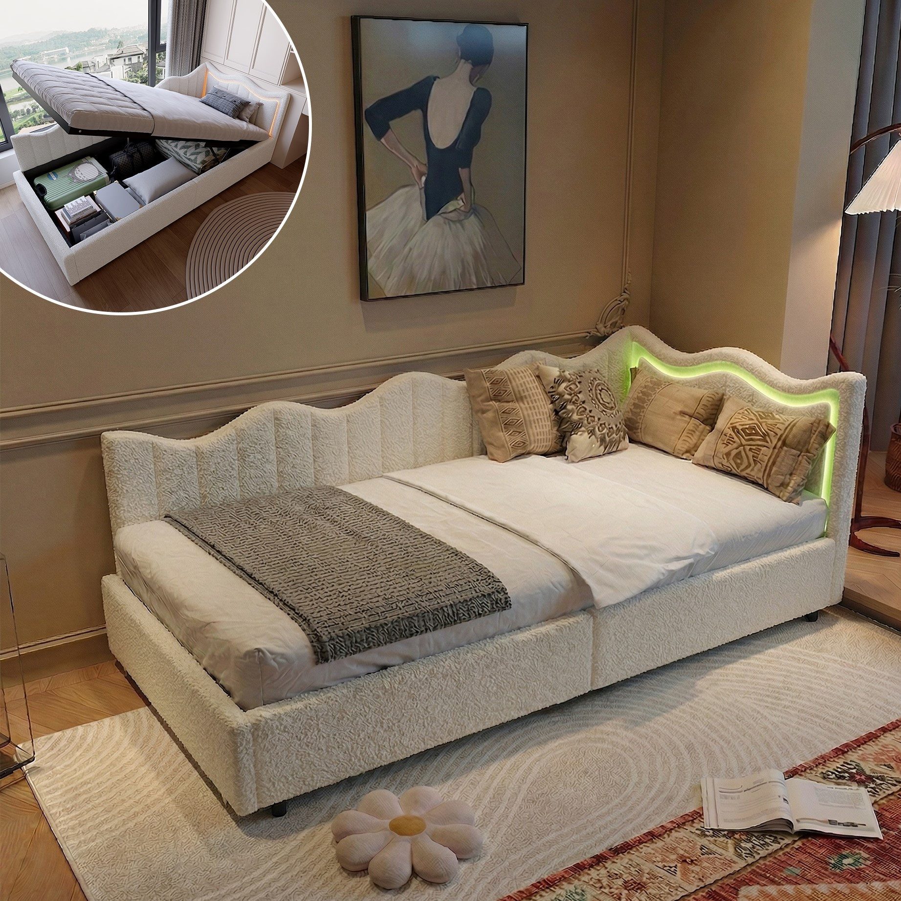 Furnishings Home Polsterbett Daybett Jugendbett Einzelbett (Hydraulisch hebbarer Stauraum, Geeignet für Jungen und Mädchen), Mit LED-Beleuchtung, Teddy-Samt, 90x200 cm