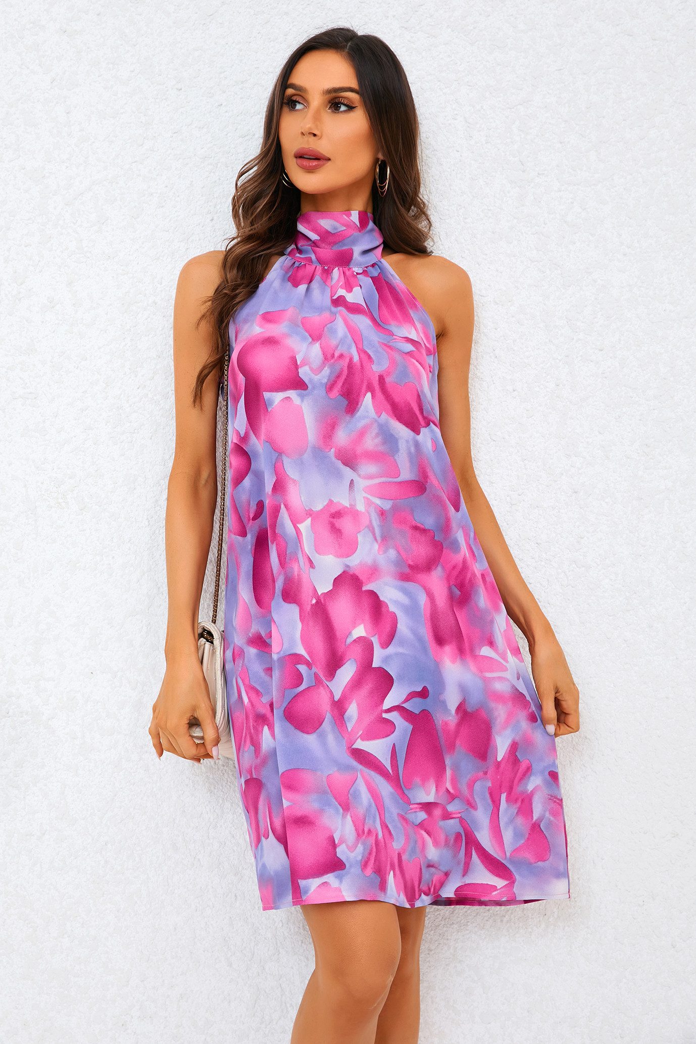 FS Collection Neckholderkleid Neckholderkleid Minikleid Sommerkleid mit abstraktem Blumenmuster (Größen: XS (EU:36 / UK:8) · S (EU:38 / UK:10) · M (EU:40 / UK:12) · L (EU:42 / UK:14) · XL (EU:44 / UK:16), 2 Farben: BlauFloral und PinkFloral) Neckholder, Blumenmuster, Bindeband am Rücken, luftige Passform