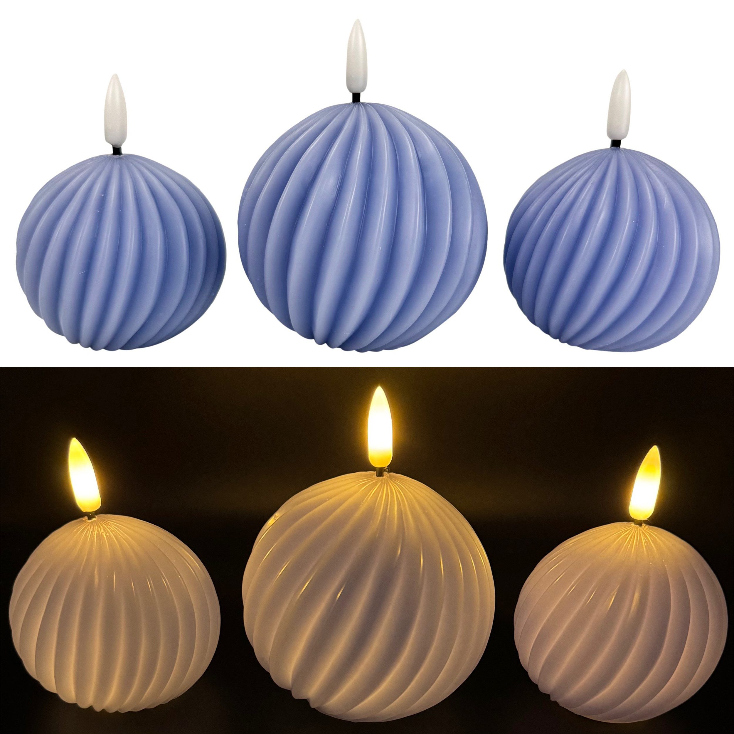 LED-Kerze 3er Set LED-Kugelkerzen mit Timer in moderner Rillenoptik