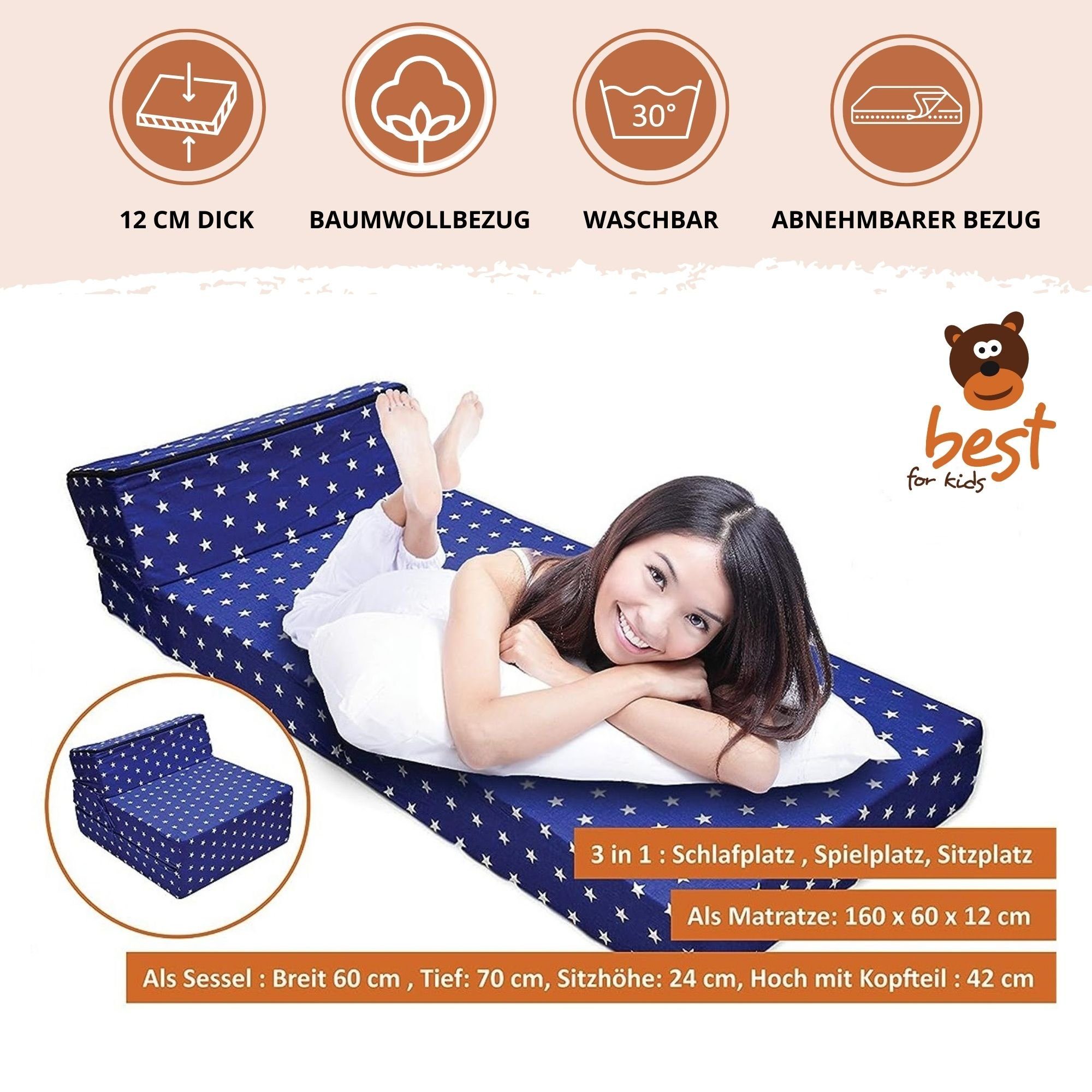 Klappmatratze Faltbare Kindermatratze – 3-in-1-Kindersofa & praktisches Kinderbett, Best for Kids, 12 cm hoch, (Einzelartikel, 3-in-1 Kindersofa, Kindersessel und Kindermatratze), faltbar, platzsparend, abnehmbarer Bezug