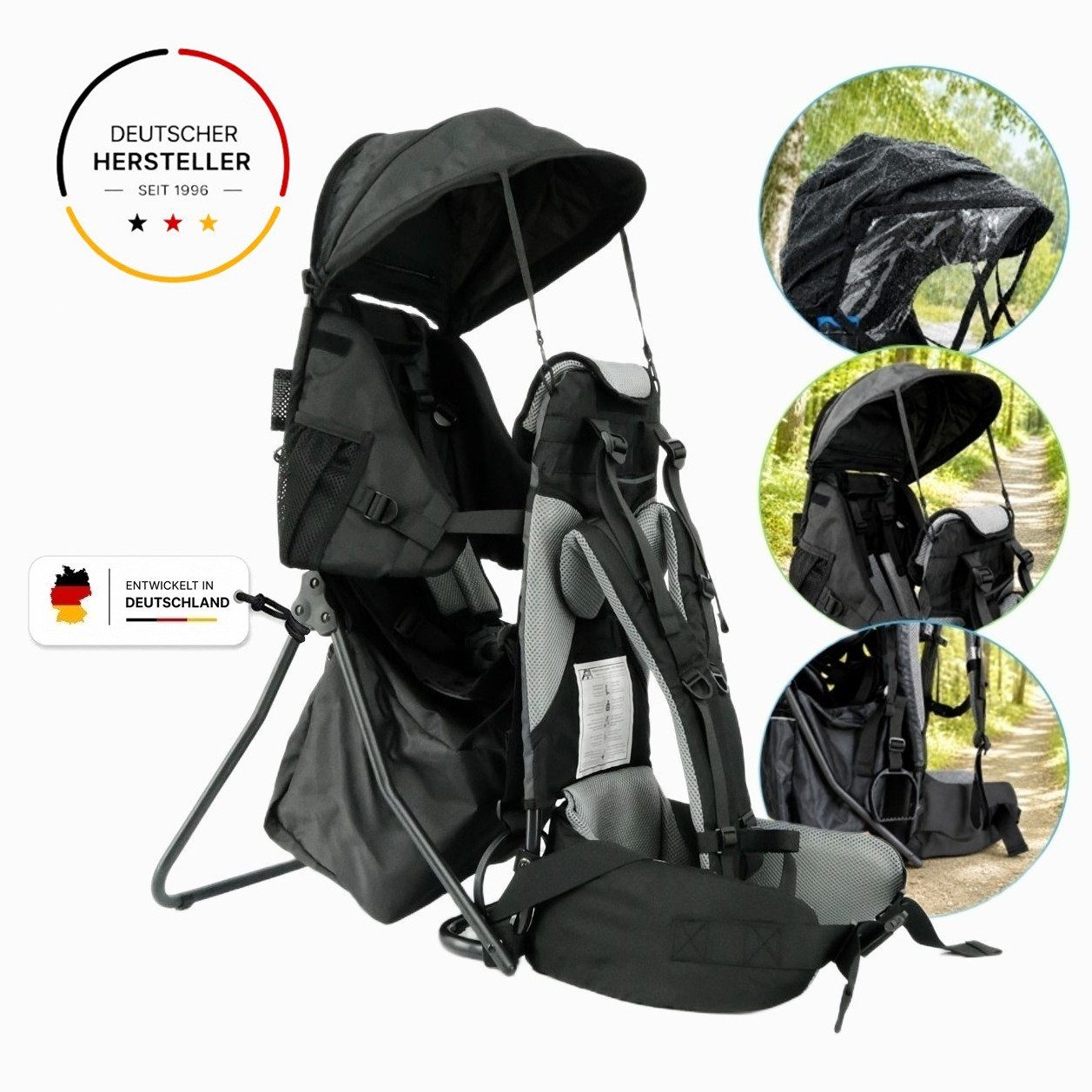 FASports Rückentrage Lil' Boss Kinderkraxe, Kindertrage (schwarz-grau, 1-tlg), Babytrage, 5-Punkt-Sicherungsgurt, Regen- und Sonnendach, Taschen