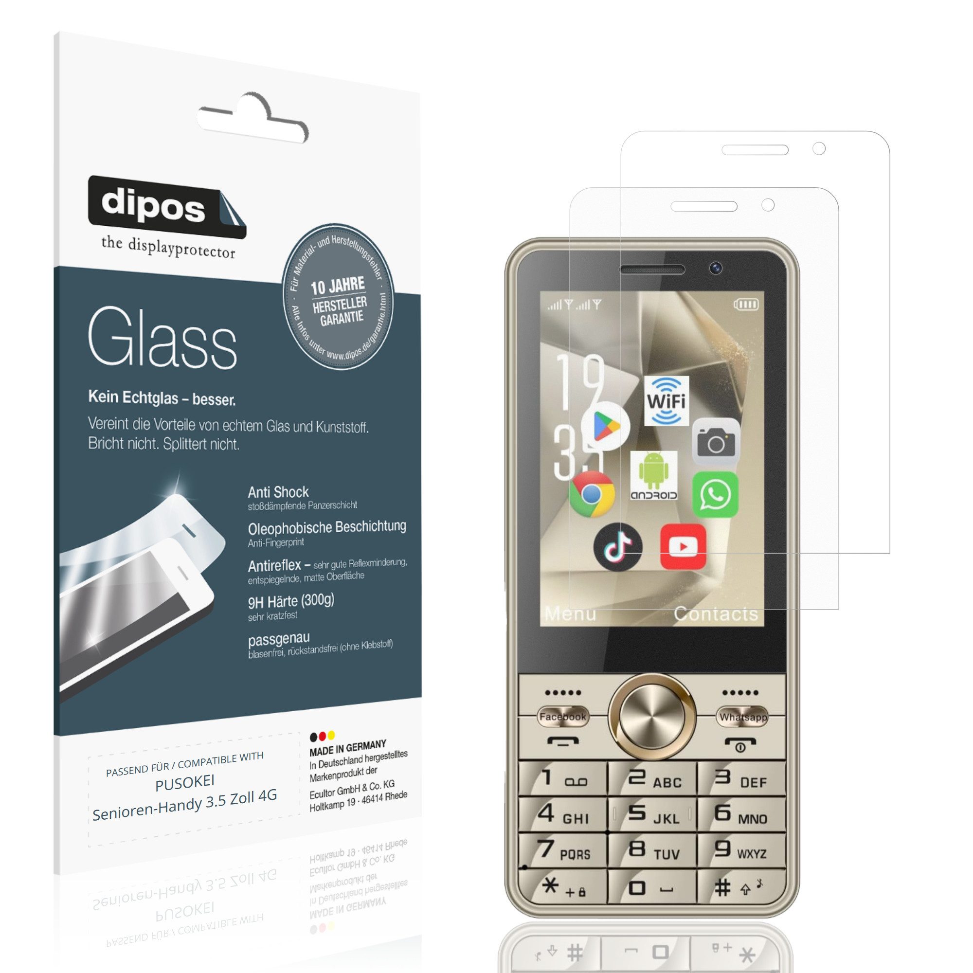 dipos Displayschutzfolie Schutzfolie für PUSOKEI Senioren-Handy 3.5 Zoll 4G, 2 Stück, Displayschutz Schutz Folie Made in Germany