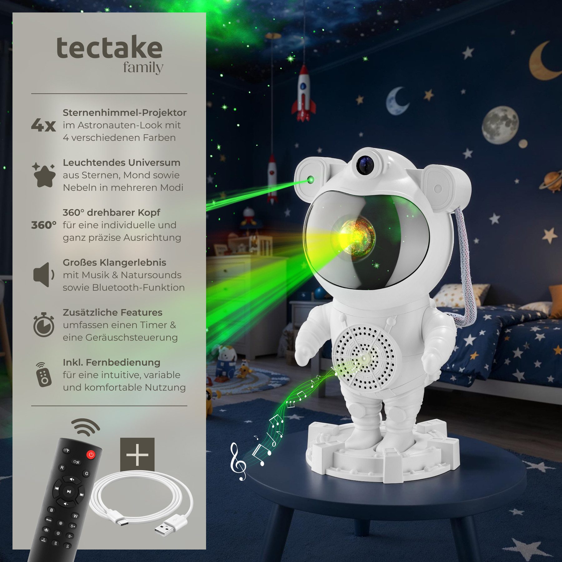 tectake LED Nachtlicht LED-Sternenhimmel-Projektor Astronaut, inkl. Bluetooth, Bluetooth- und Music-Funktion mit 8 Sounds sowie Timer