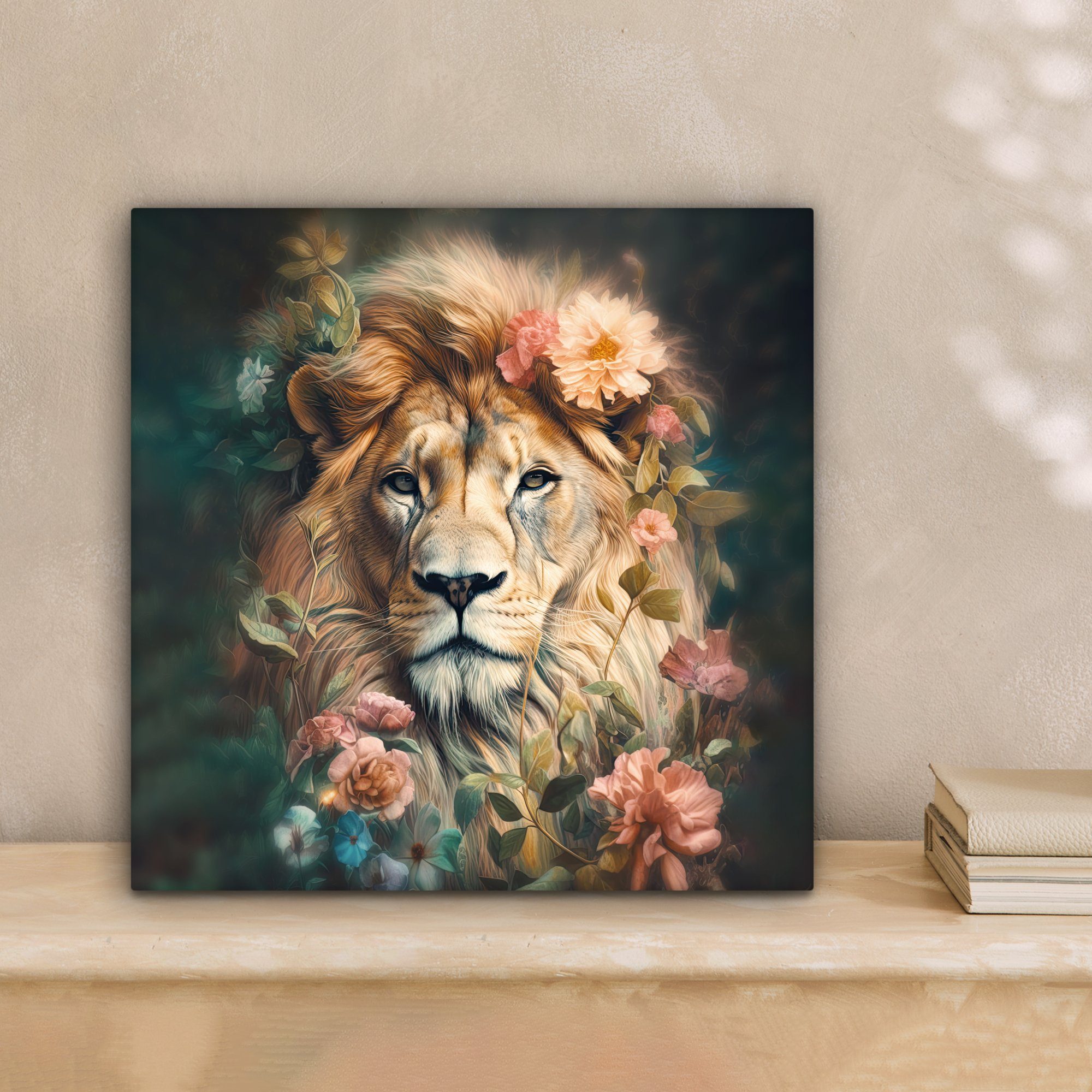 OneMillionCanvasses® Leinwandbild Löwe - Löwenkopf - Wilde Tiere - Blumen, günstig online kaufen