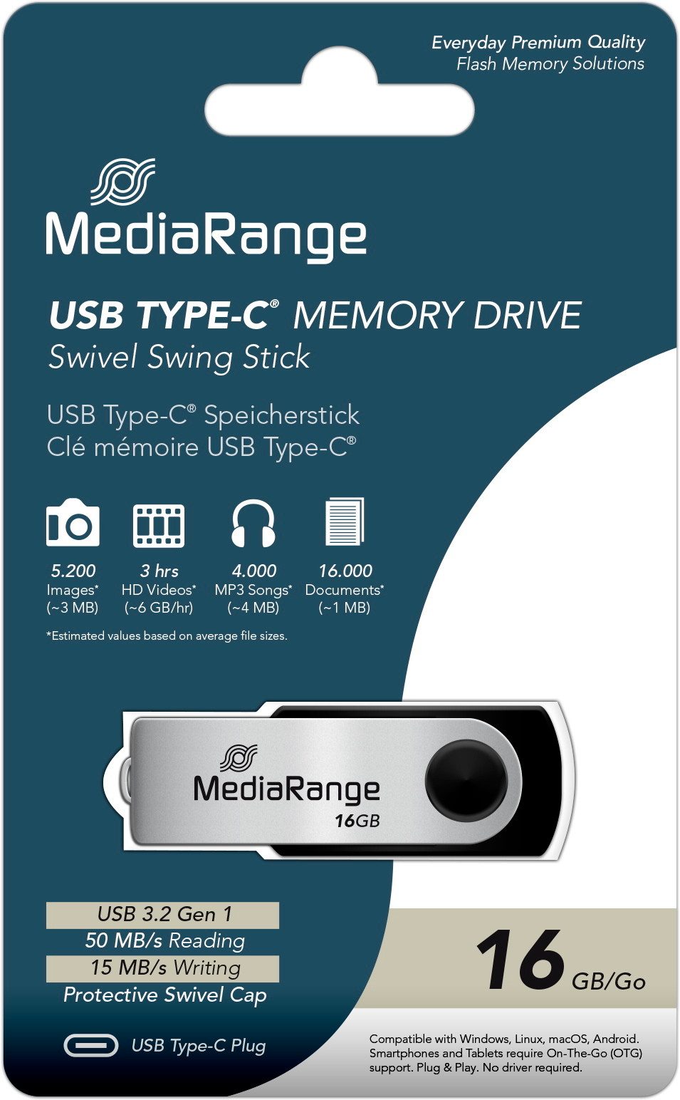 Mediarange USB Stick 16GB Speicherstick silber Typ C USB 3.2 Gen 1 USB-Stick – Bild 2 von 3