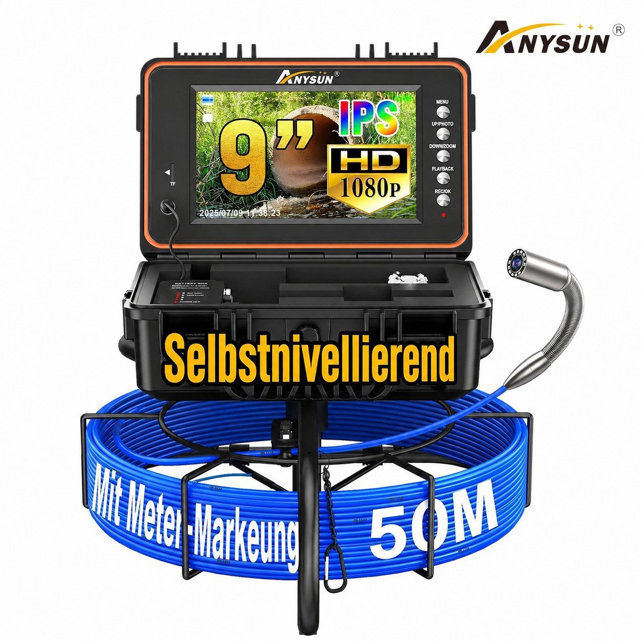 ANYSUN Rohrkamera 30/50 m, 1080P Endoskopkamera, Self-Leveling, 9-Zoll IPS Inspektionskamera (HD, Endoskop, Ladegerat, Anschlusskabel, mit Selbstnivellierung & 5100mAh wiederaufladbarer Batterie)