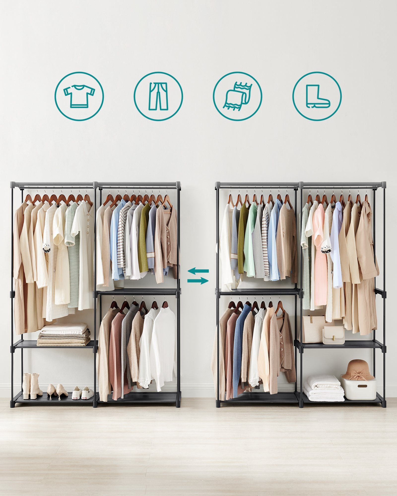 SONGMICS Kleiderständer, Kleiderschrank offen, 3 Hängefächer, Kleiderstange, Garderobe